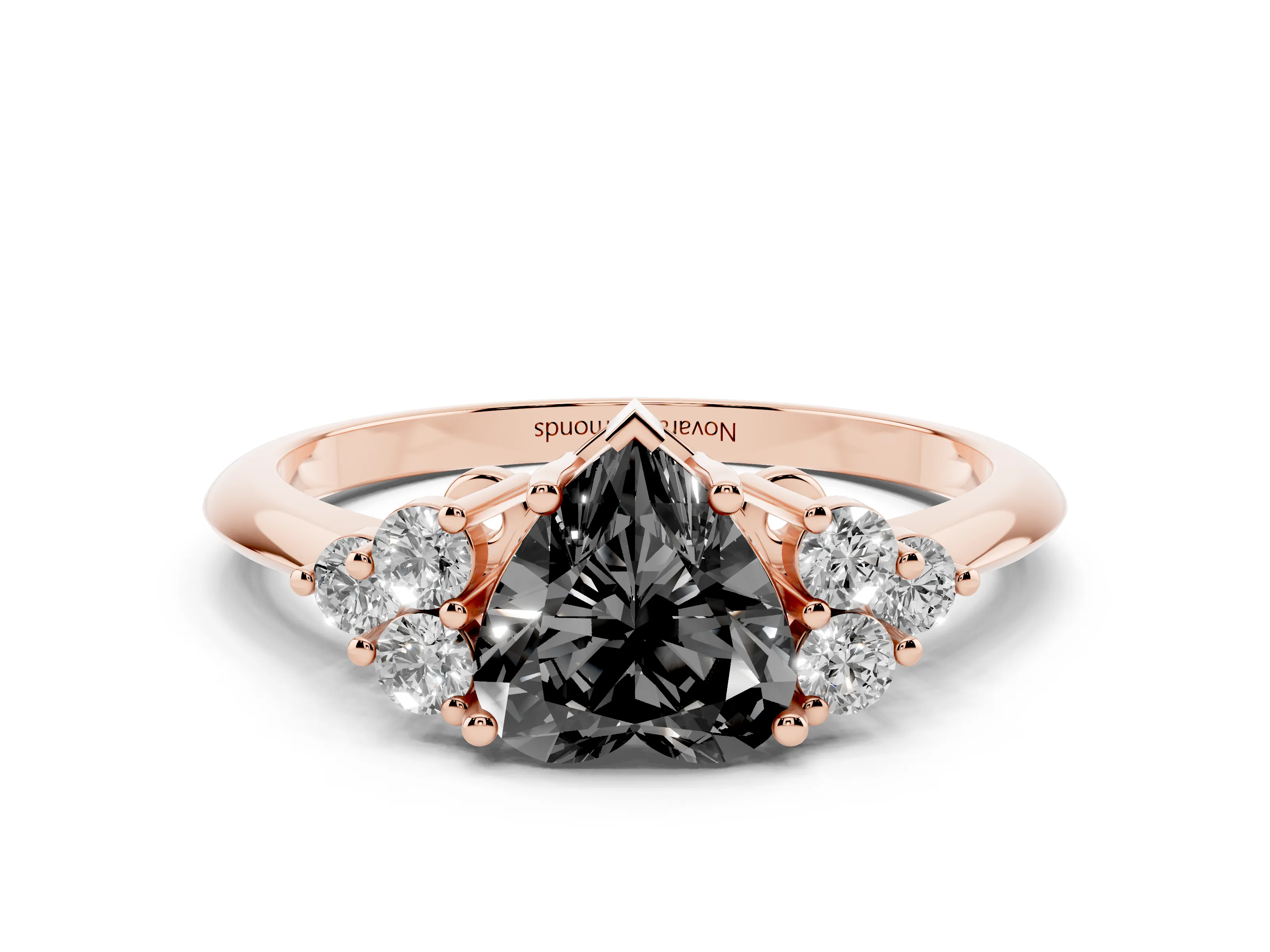 Fancy Black Heart Cut Diamond Cluster Ring Set in Rose gold with Plain Band and Prong Setting