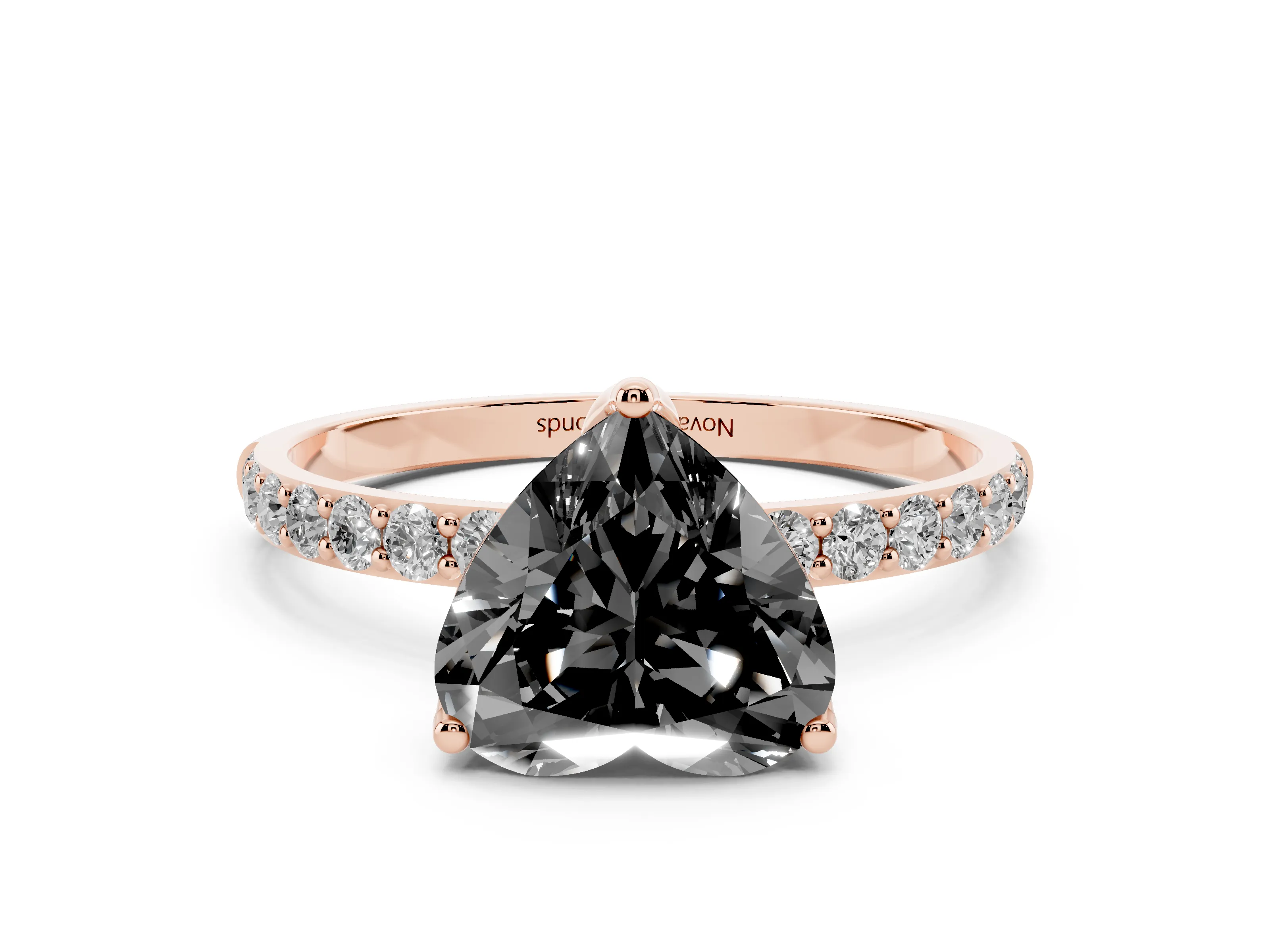 Fancy Black Heart Cut Diamond Solitaire Engagement Ring Set in Rose gold with Round Pavé Band and Prong Setting