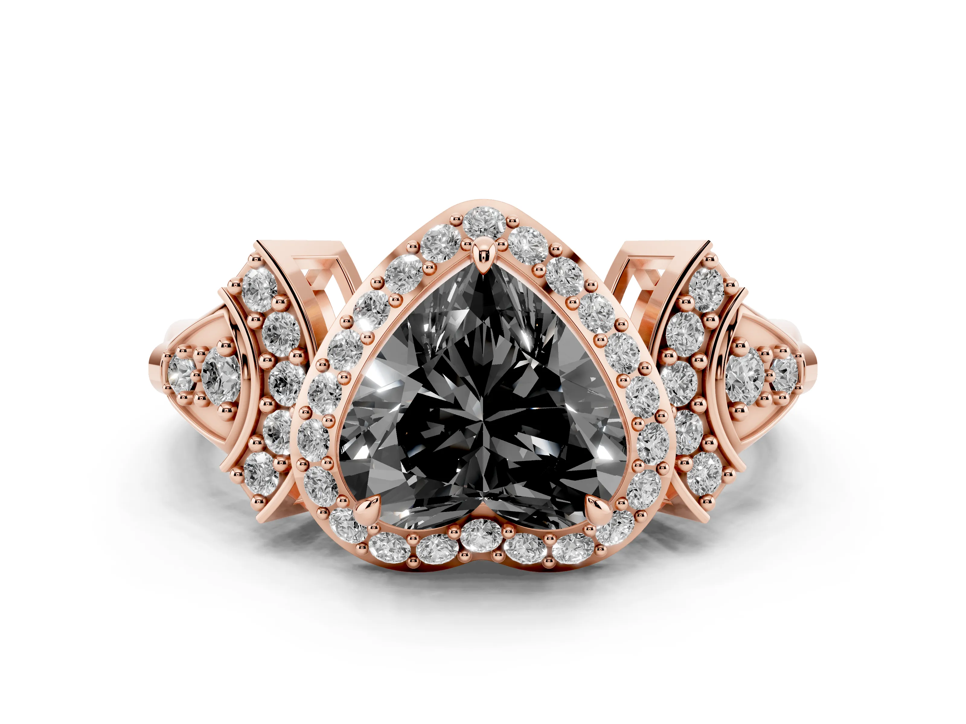 Fancy Black Heart Cut Diamond Halo Engagement Ring Set in Rose gold with Accent Stone Split Shank
