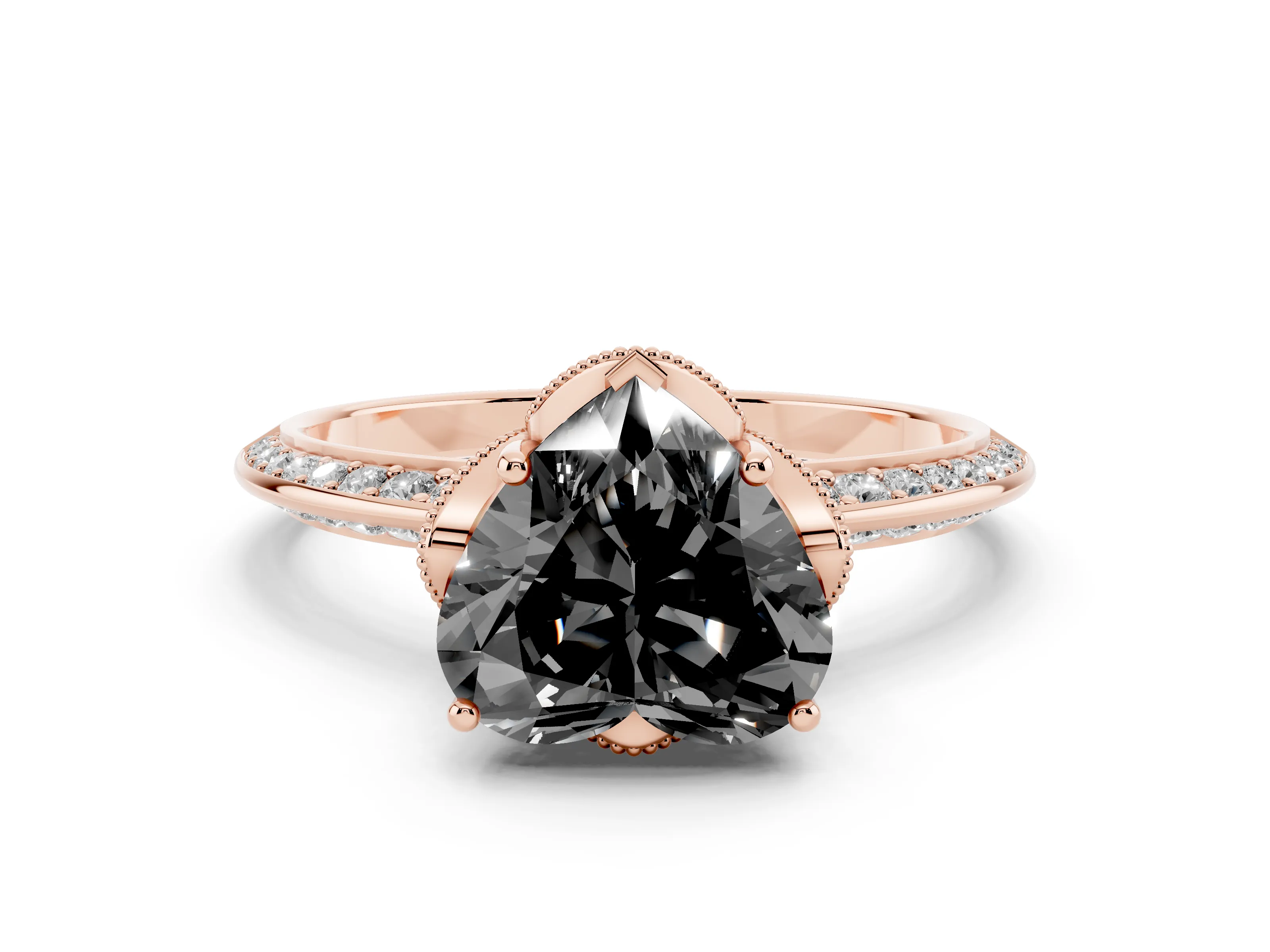 Fancy Black Heart Cut Diamond Solitaire Engagement Ring Set in Rose gold with Pavé Split Shank and Prong Setting