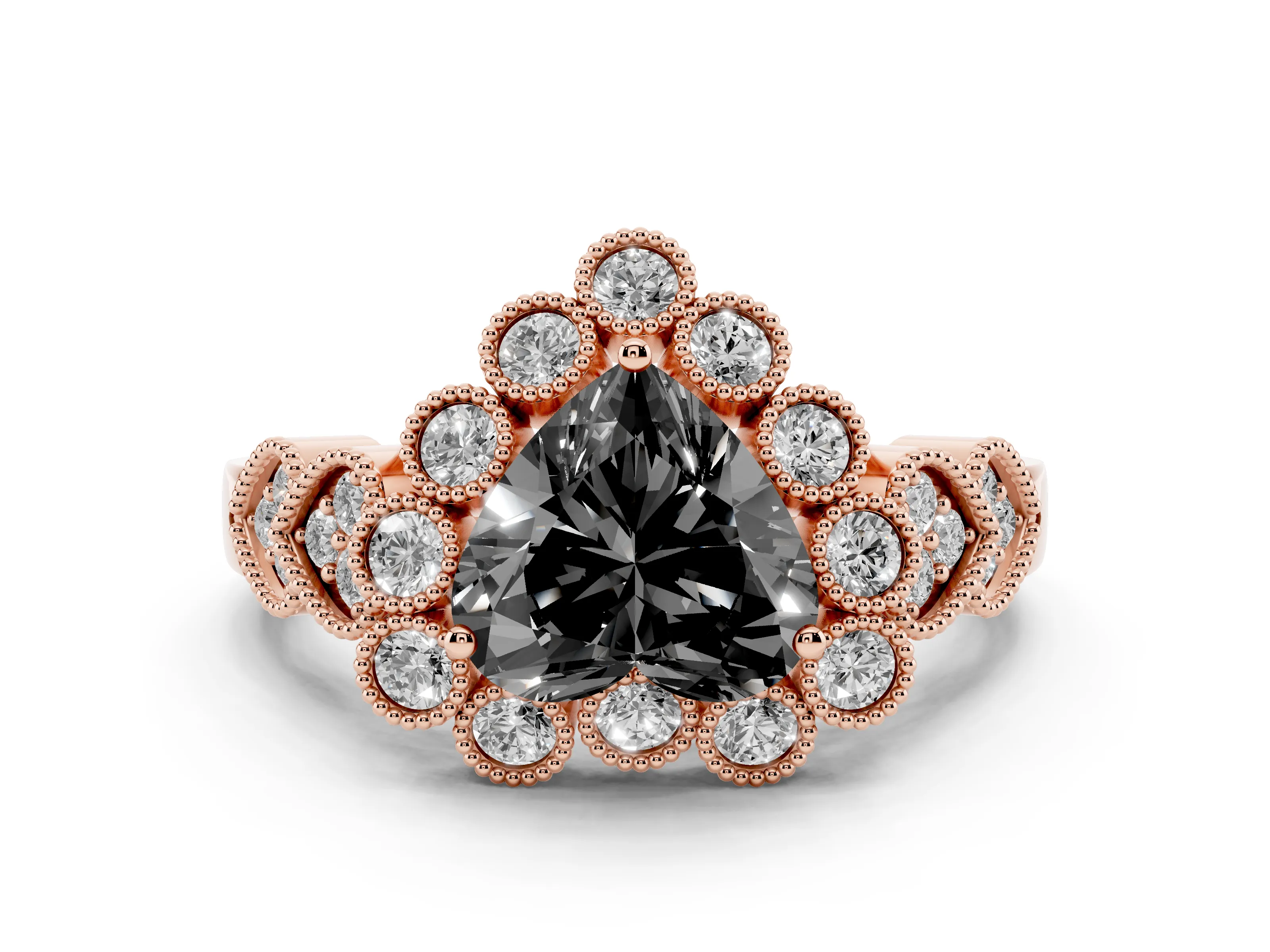 Fancy Black Heart Cut Diamond Solitaire Ring Set in Rose gold with Milgrain Pavé Heart Band