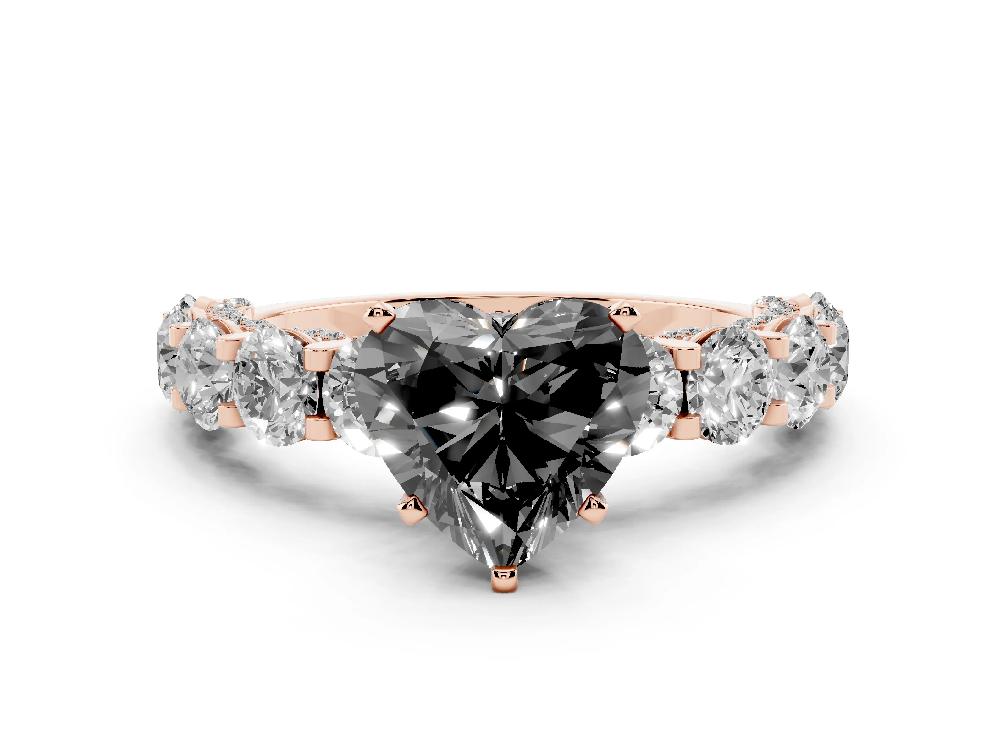 Fancy Black Heart Cut Diamond Side Stone Ring Set in Rose gold with Alternating Round and Oval Side Stones