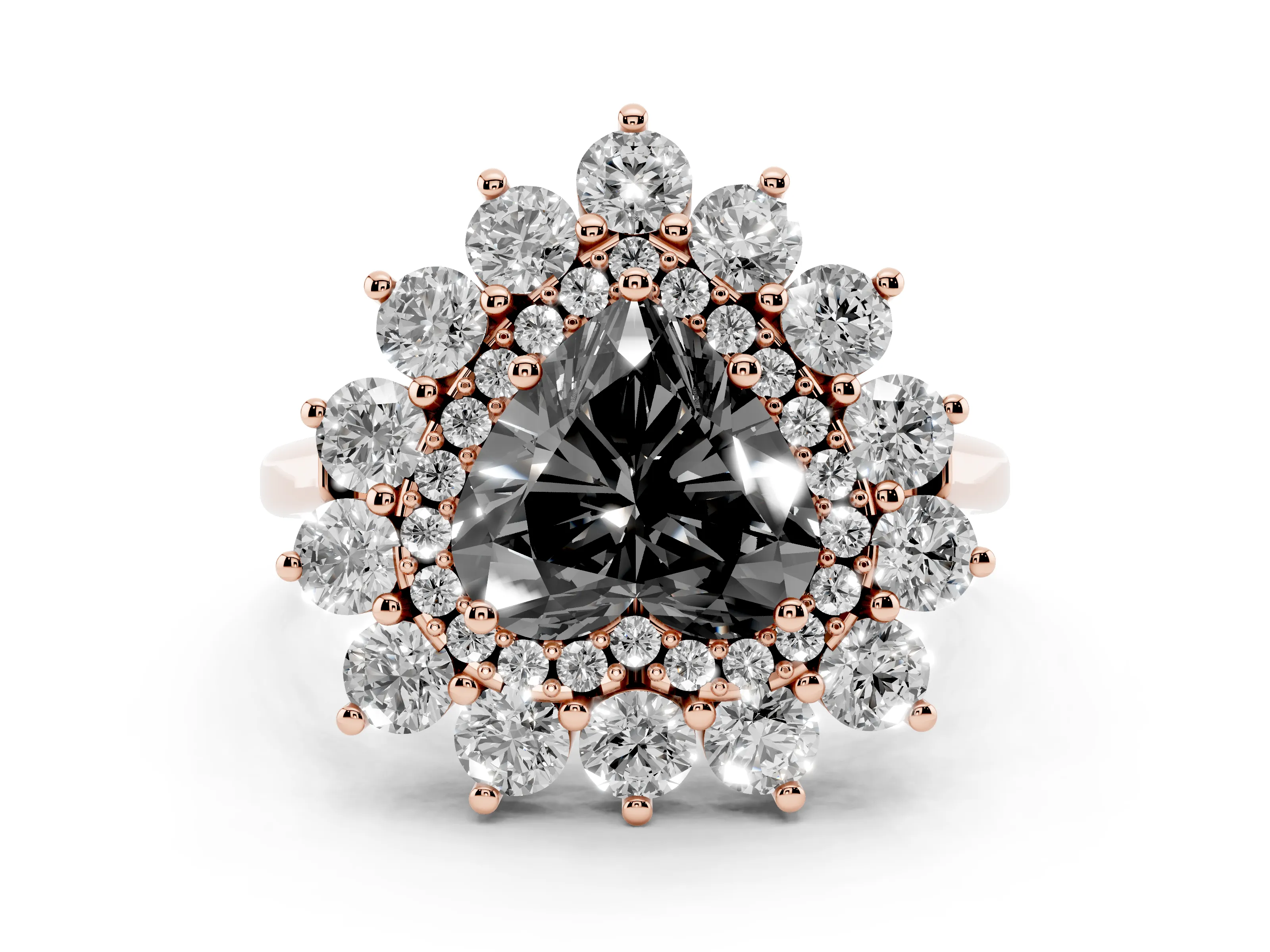 Fancy Black Heart Cut Diamond Floral Double Halo Ring Set in Rose gold with Round Petals