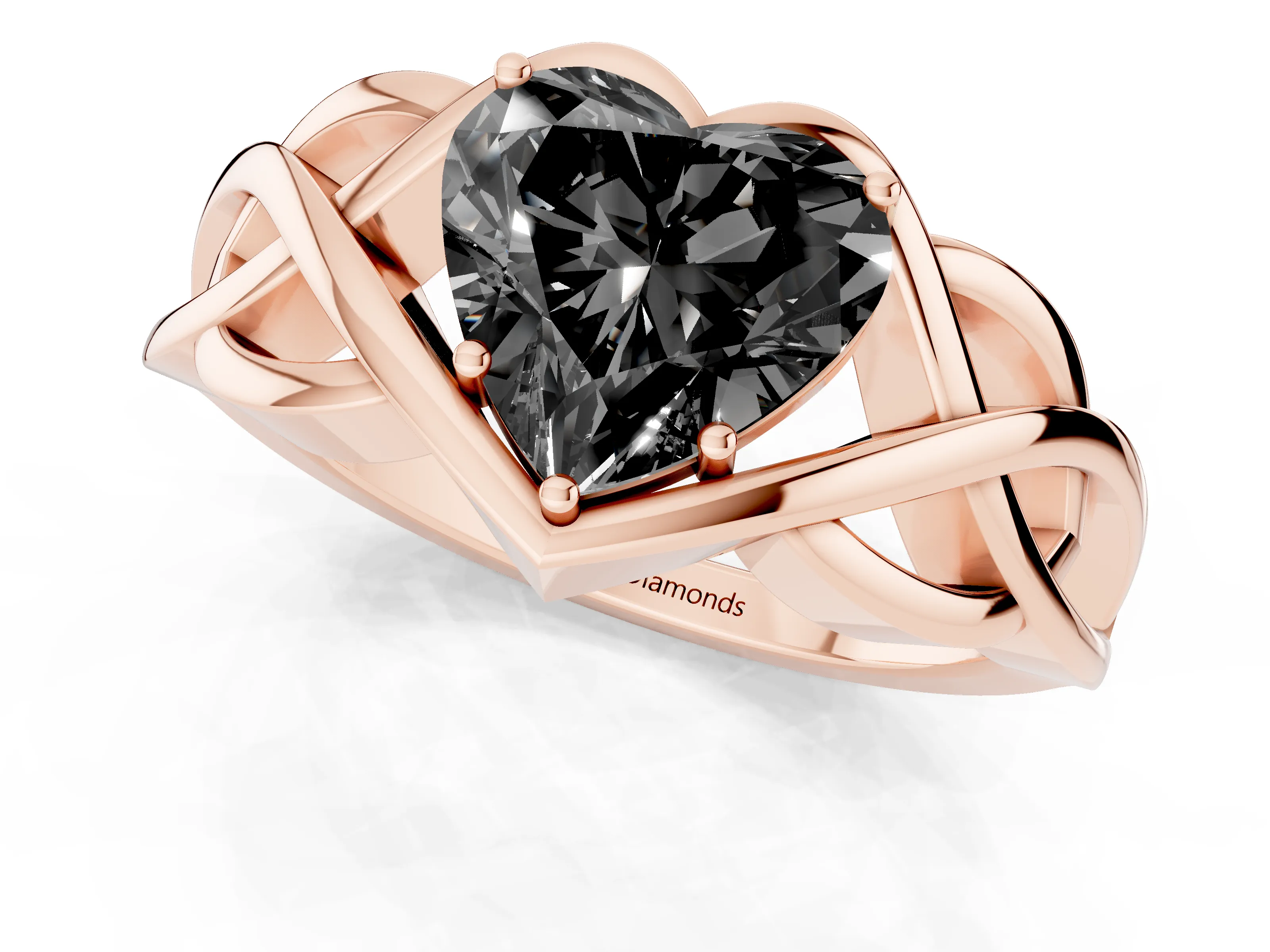 Fancy Black Heart Cut Diamond Solitaire Ring Set in Rose gold with Intertwined Band