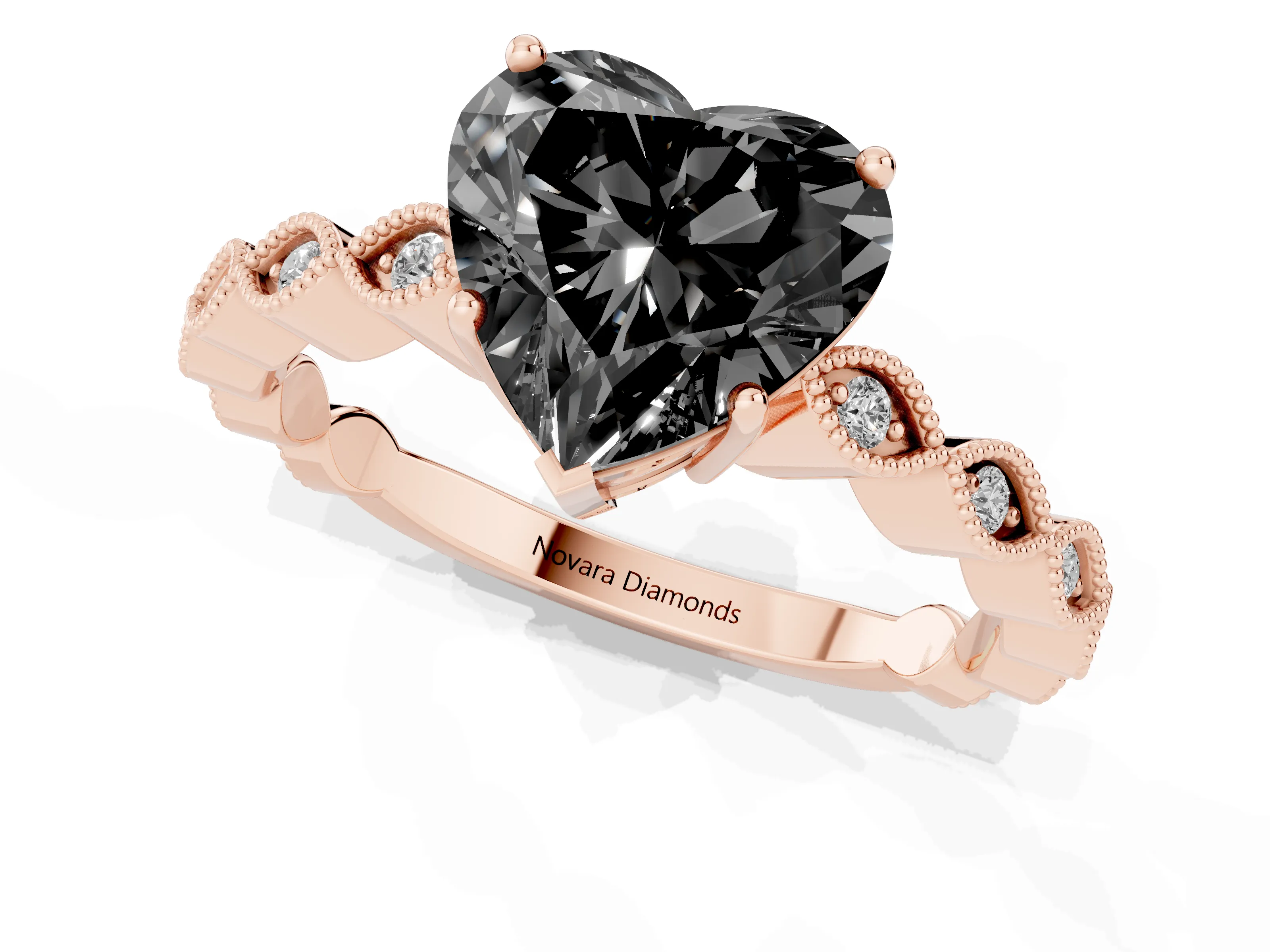 Fancy Black Heart Cut Diamond Solitaire Ring Set in Rose gold with Infinity Twist Pavé Band