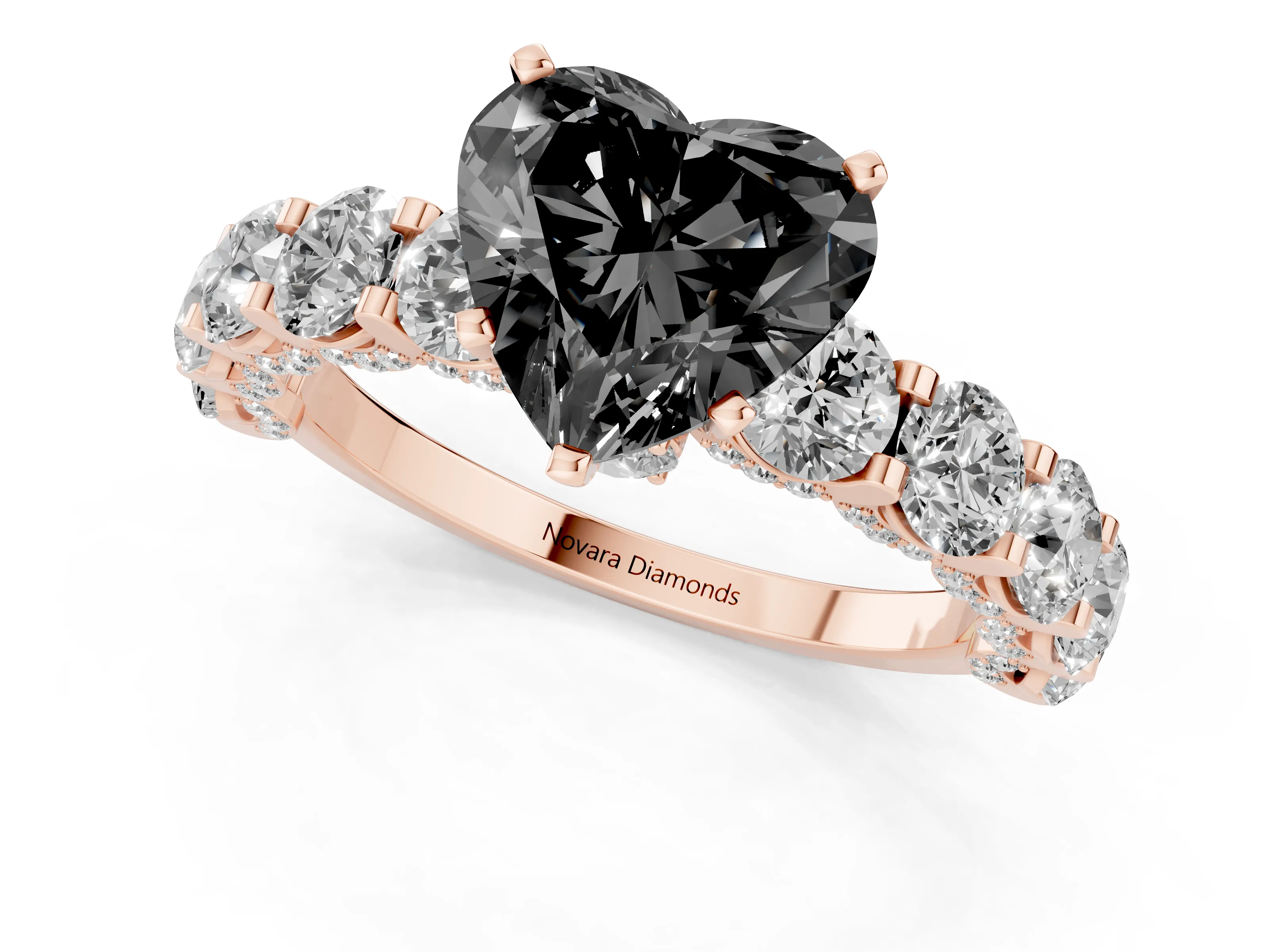 Fancy Black Heart Cut Diamond Side Stone Ring Set in Rose gold with Alternating Round and Oval Side Stones