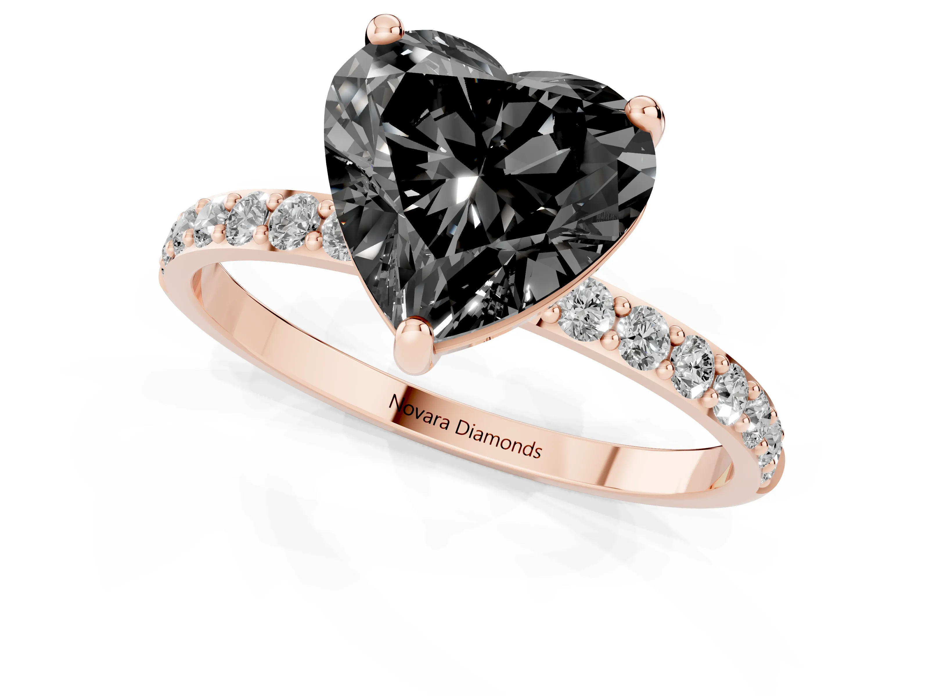 Fancy Black Heart Cut Diamond Solitaire Ring Set in Rose gold with Round Pavé Band and Prong Setting