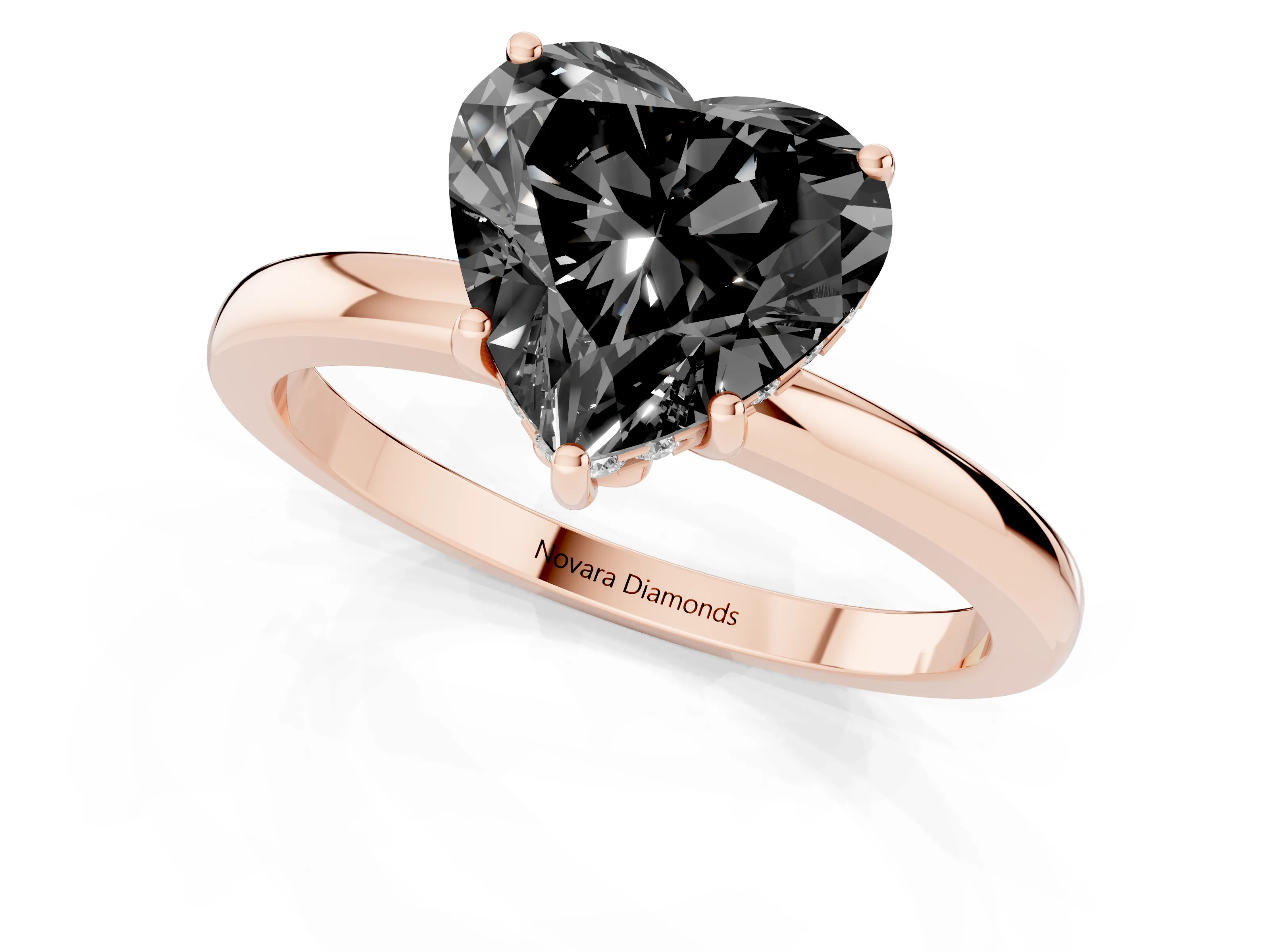 Fancy Black Heart Cut Diamond Solitaire Ring Set in Rose gold with Plain Band and Prong Setting