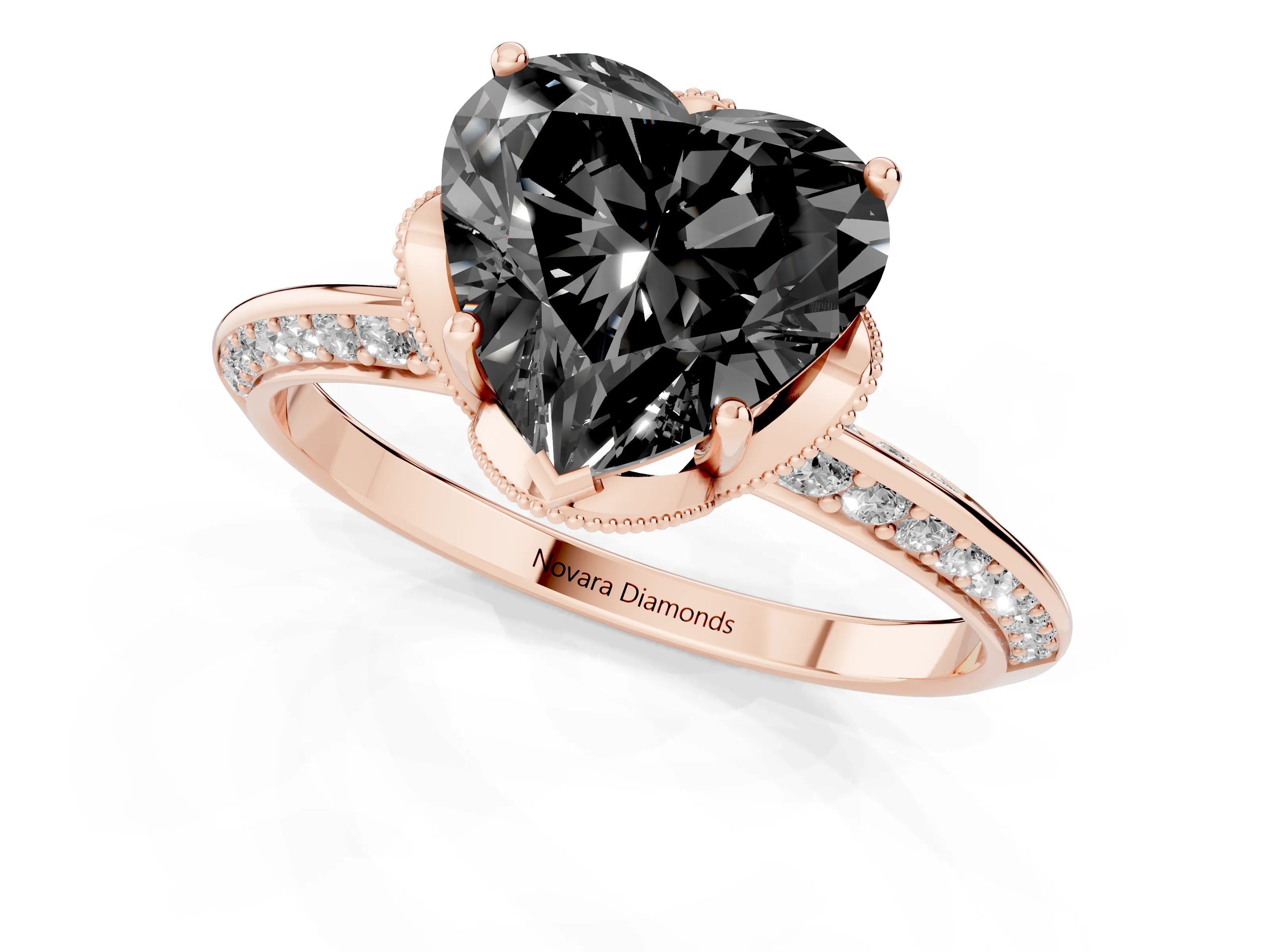 Fancy Black Heart Cut Diamond Solitaire Engagement Ring Set in Rose gold with Pavé Split Shank and Prong Setting