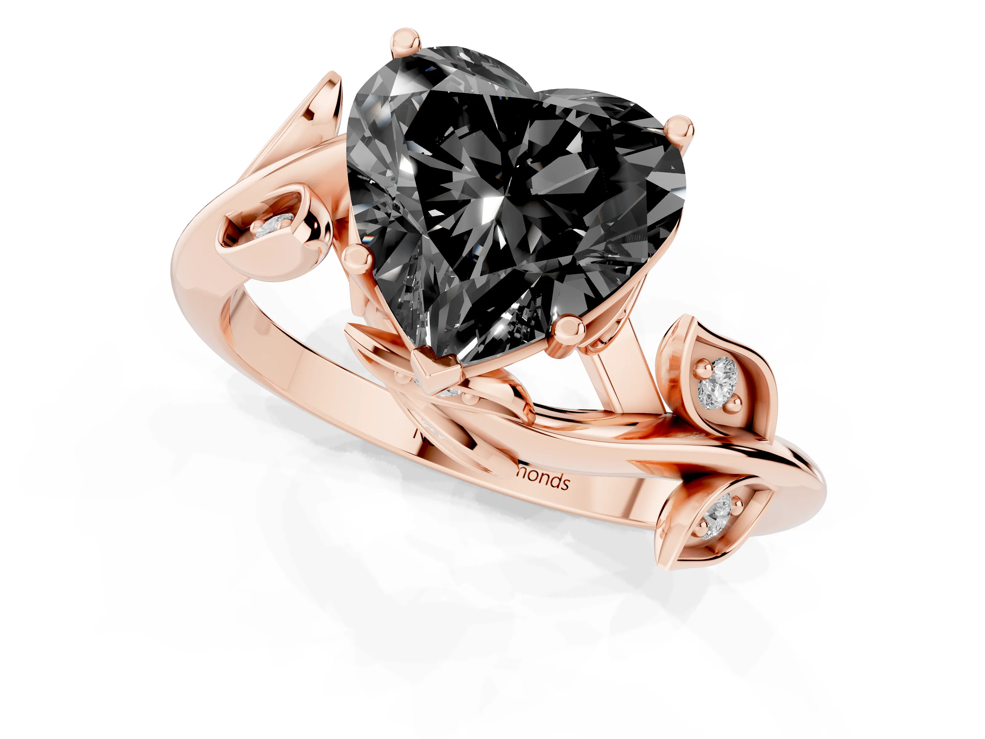 Fancy Black Heart Cut Diamond Solitaire Twist Engagement Ring Set in Rose gold with Pavé Leaf Accents