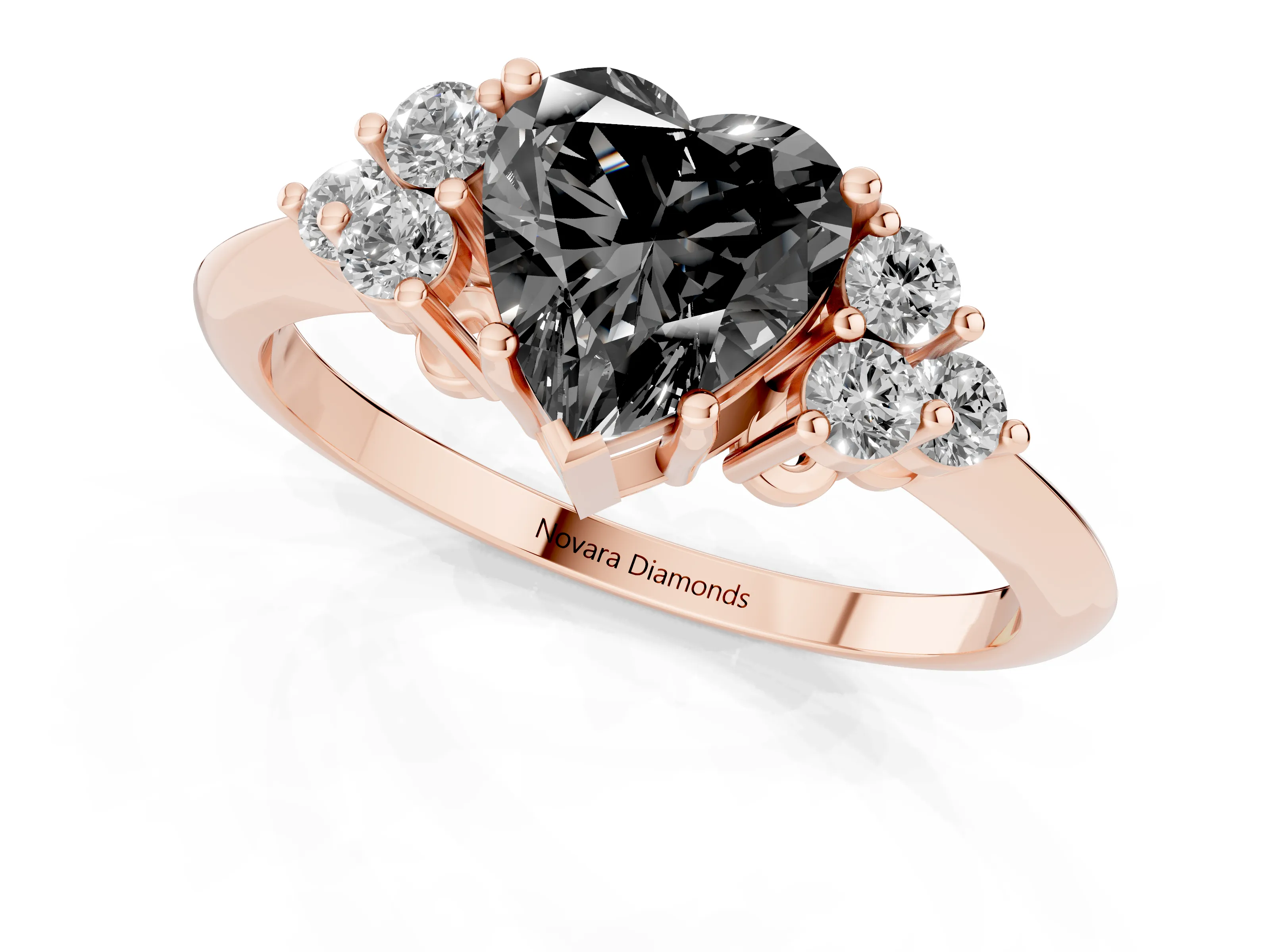 Fancy Black Heart Cut Diamond Cluster Ring Set in Rose gold with Plain Band and Prong Setting