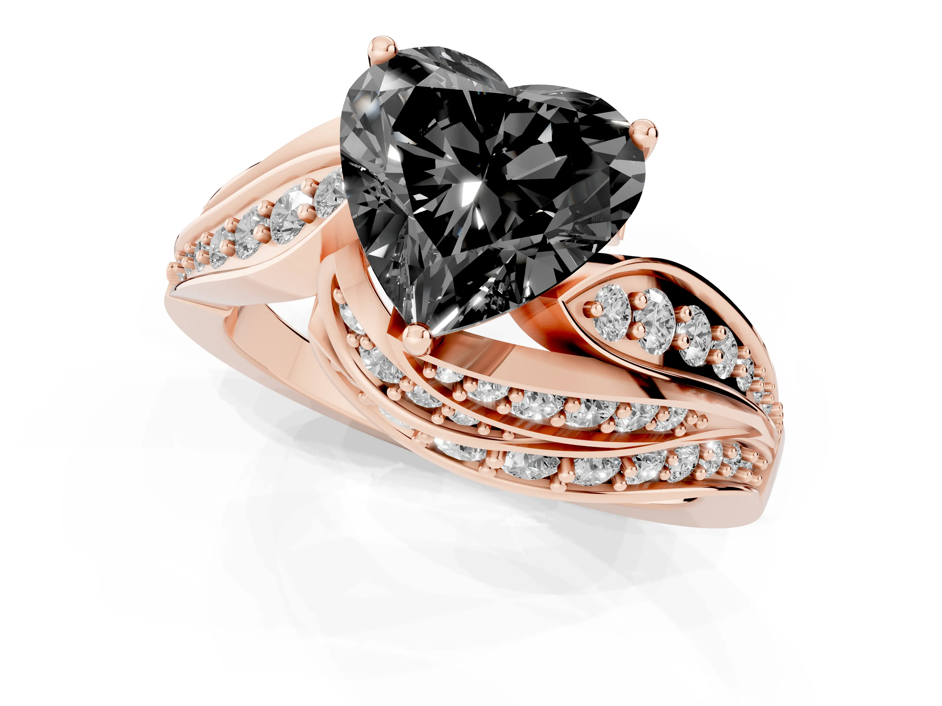 Fancy Black Heart Cut Diamond Solitaire Ring Set in Rose gold with Layered Twist Pavé Band