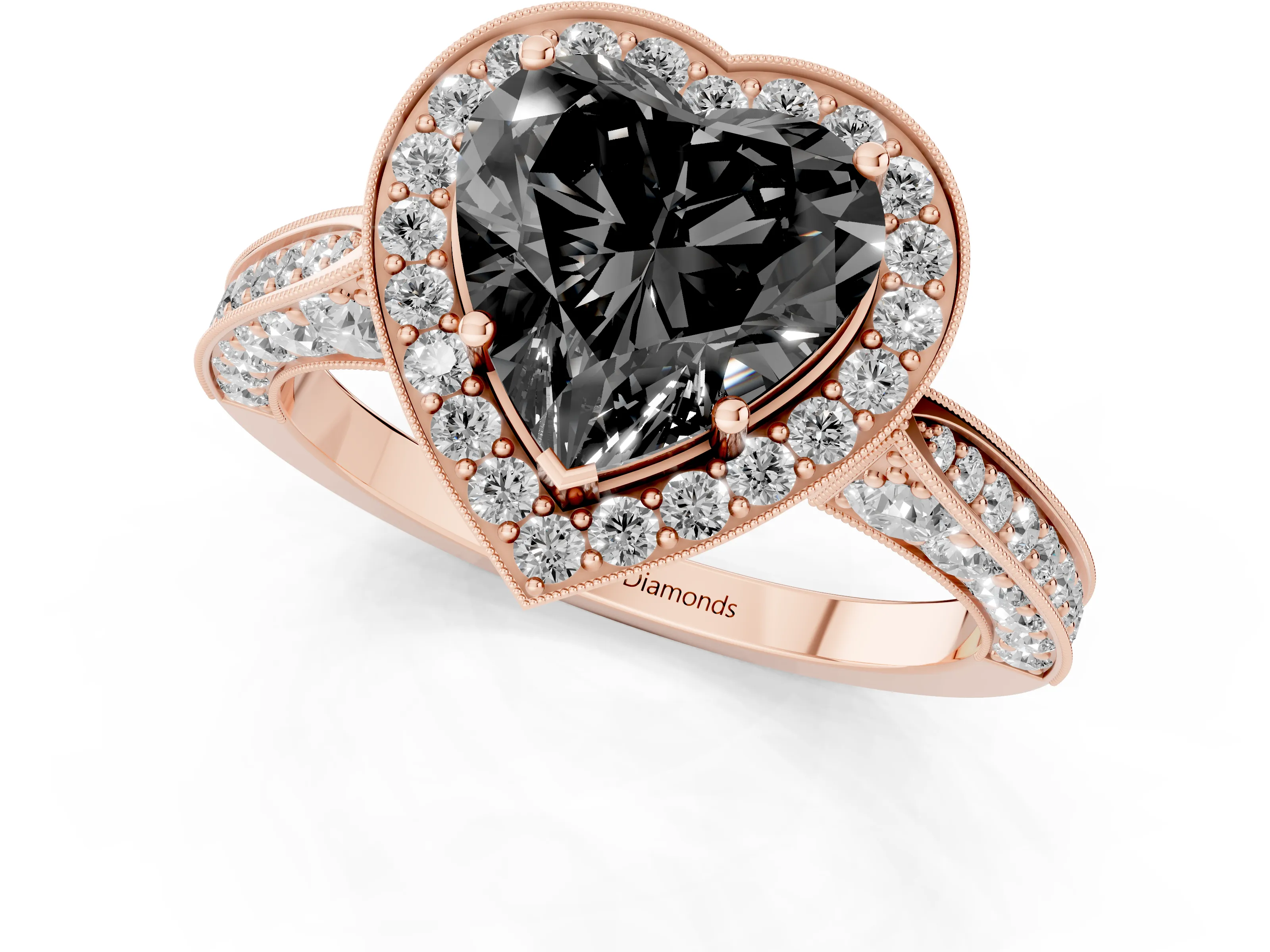 Fancy Black Heart Cut Diamond Halo Engagement Ring Set in Rose gold with Accent Split Shank Band
