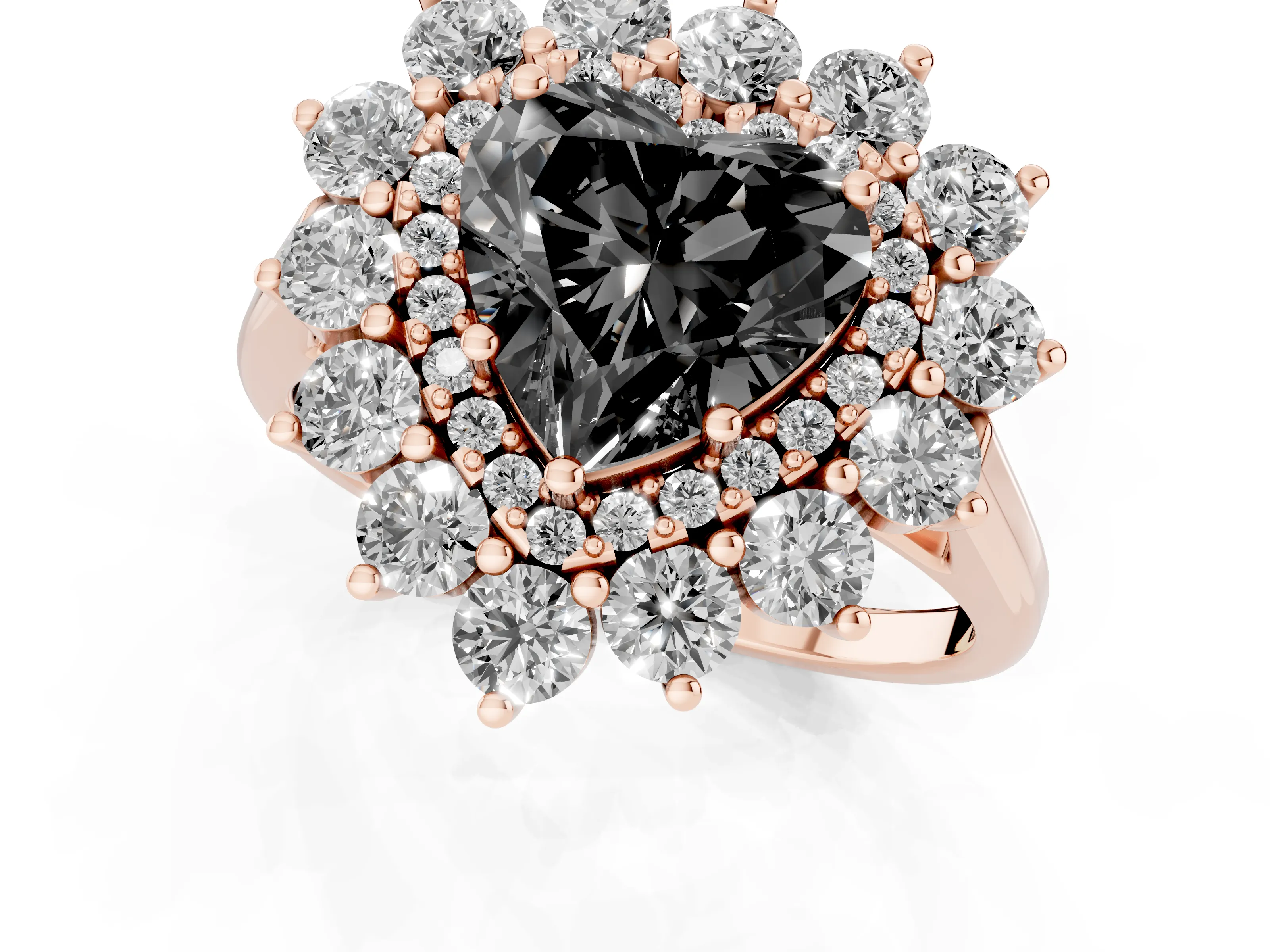 Fancy Black Heart Cut Diamond Floral Double Halo Ring Set in Rose gold with Round Petals