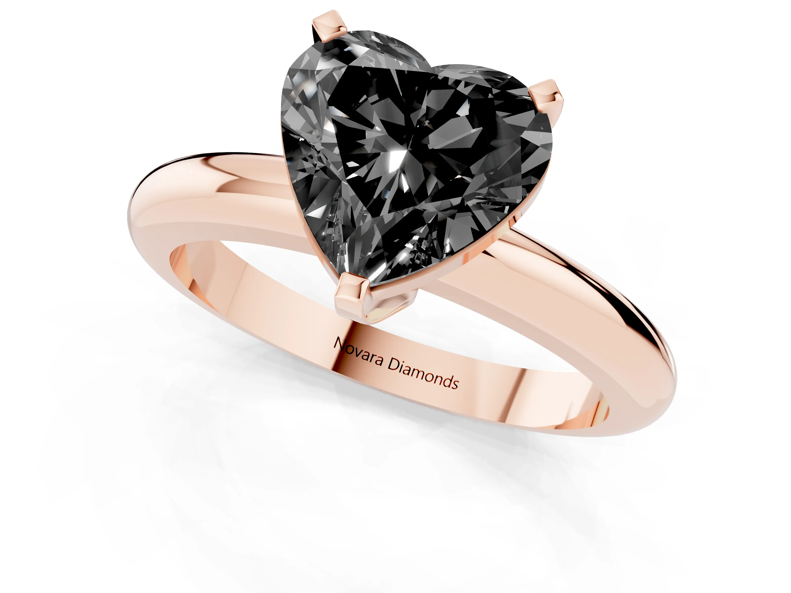 Fancy Black Heart Cut Diamond Solitaire Engagement Ring Set in Rose gold with Round Band and Prong Setting