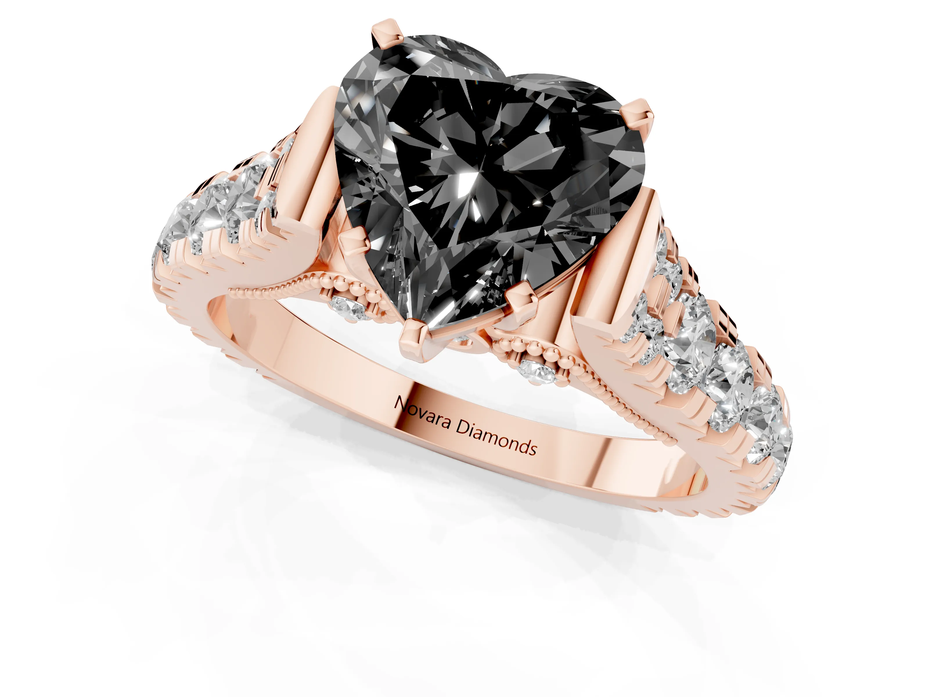 Fancy Black Heart Cut Diamond Classic Solitaire Ring Set in Rose gold with Pavé Band and Prong Setting