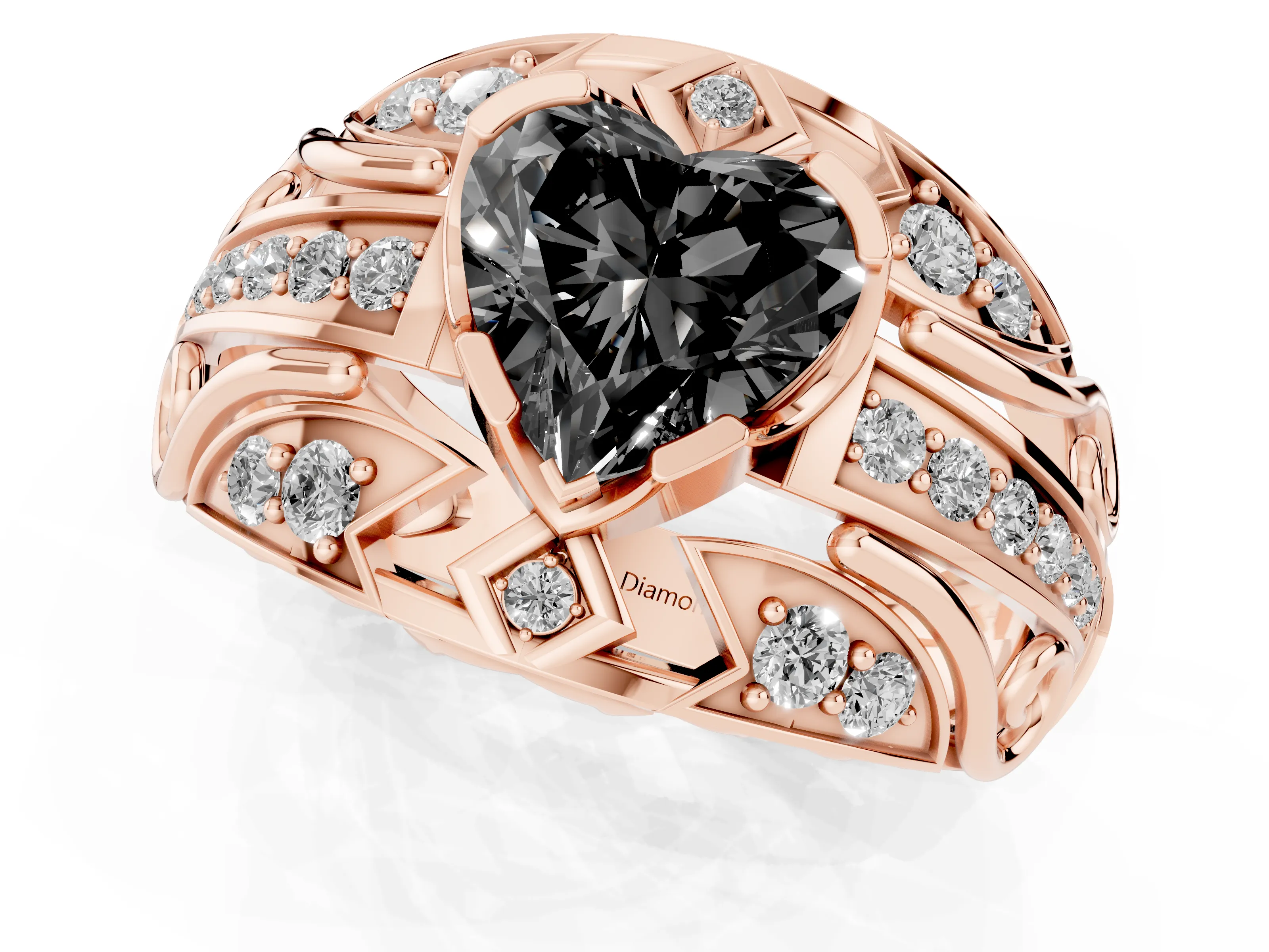 Fancy Black Heart Cut Diamond Art Deco Ring Set in Rose gold with Pavé Split Shank