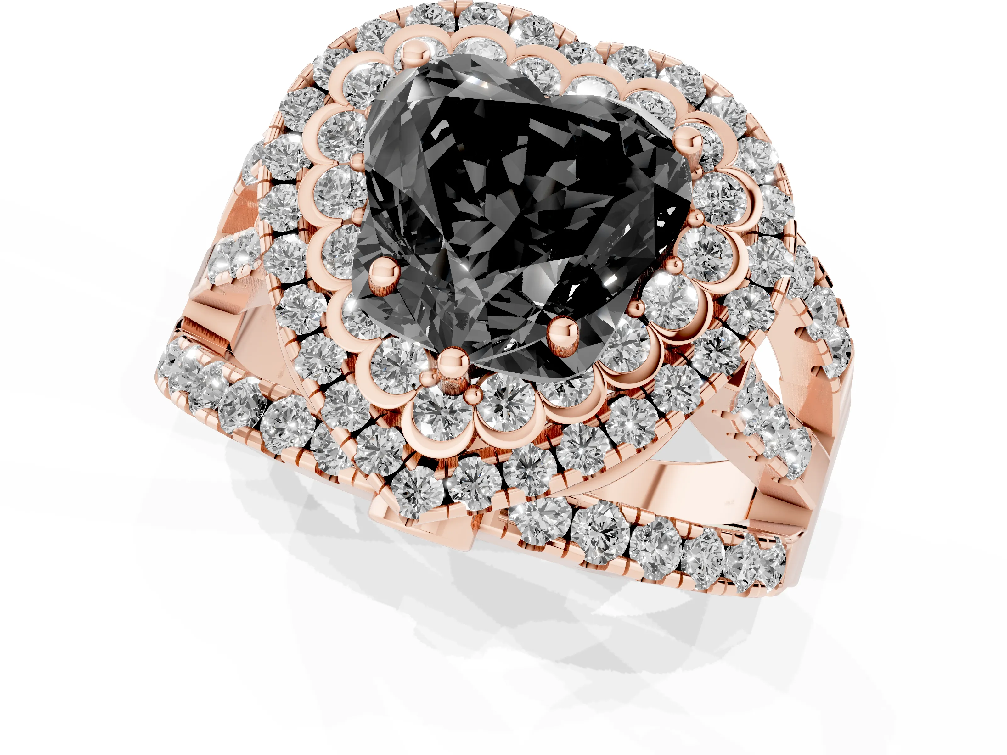 Fancy Black Heart Cut Diamond Double Halo Ring Set in Rose gold with Round Pavé Split Shank