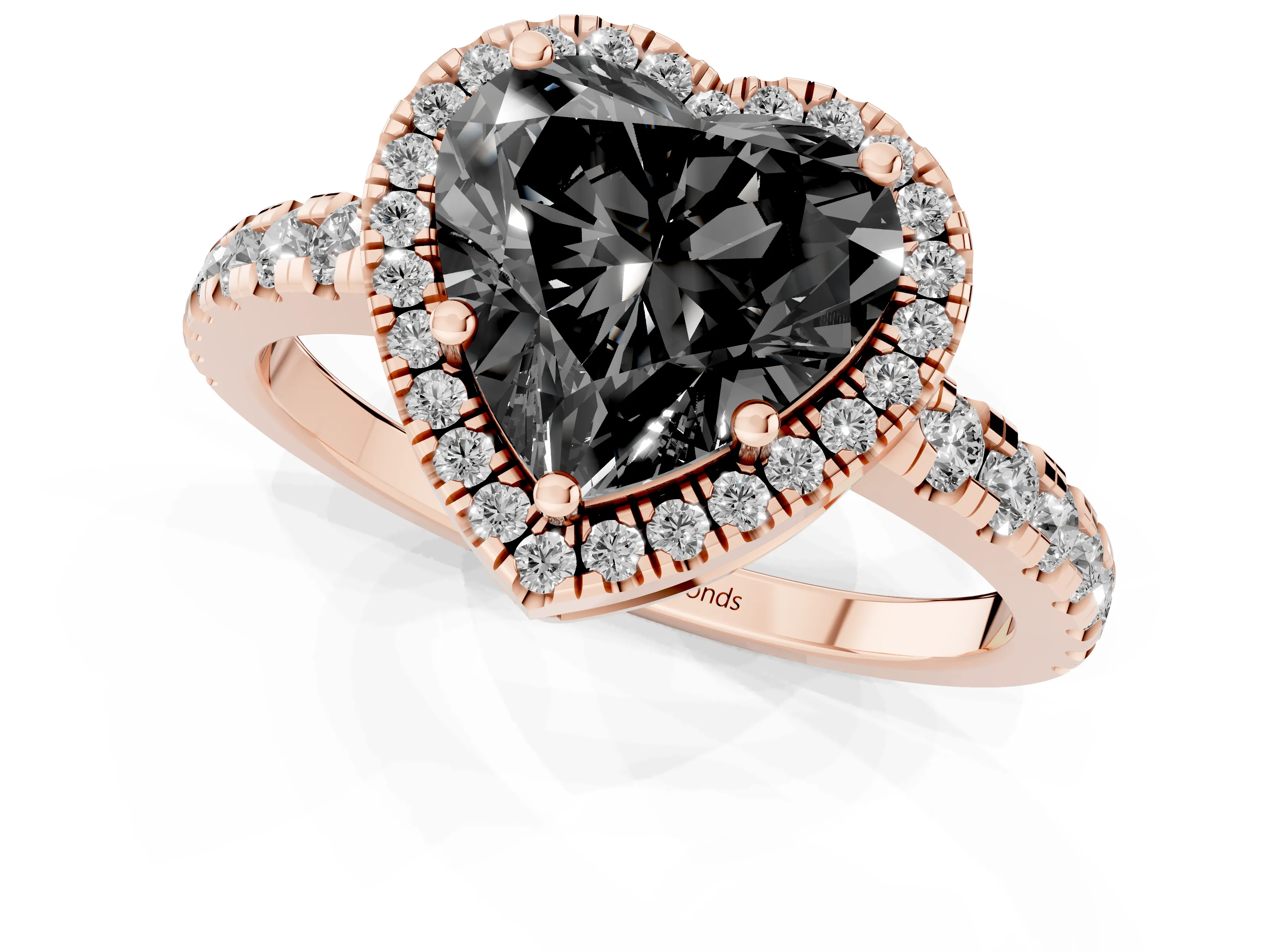 Fancy Black Heart Cut Diamond Halo Ring Set in Rose gold with Delicate Pavé Band and Prong Setting