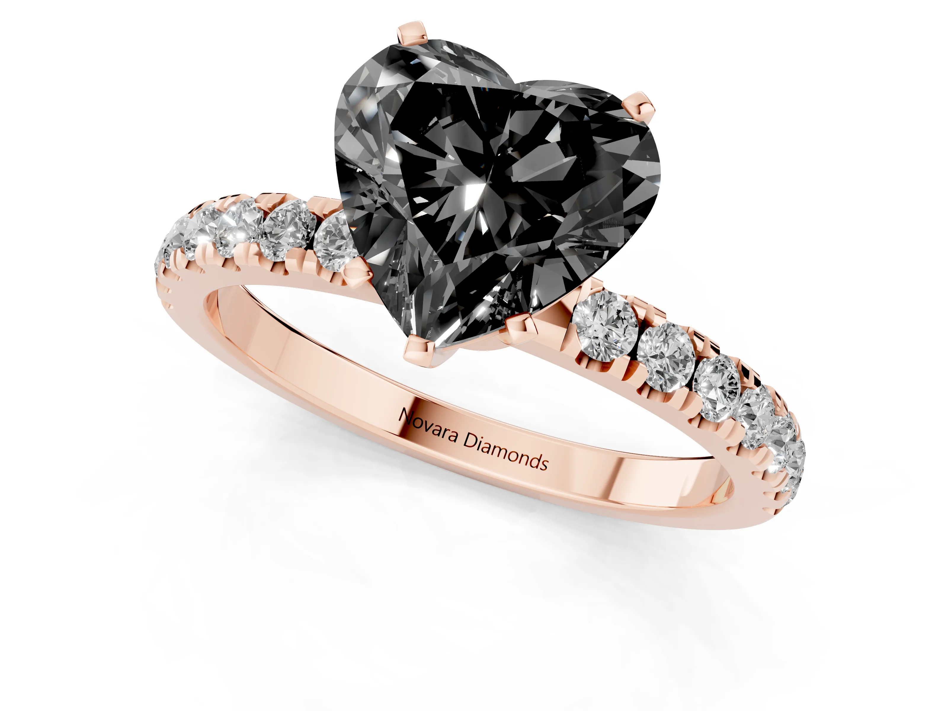 Fancy Black Heart Cut Diamond Solitaire Ring Set in Rose gold with Pavé Accents and Prong Setting