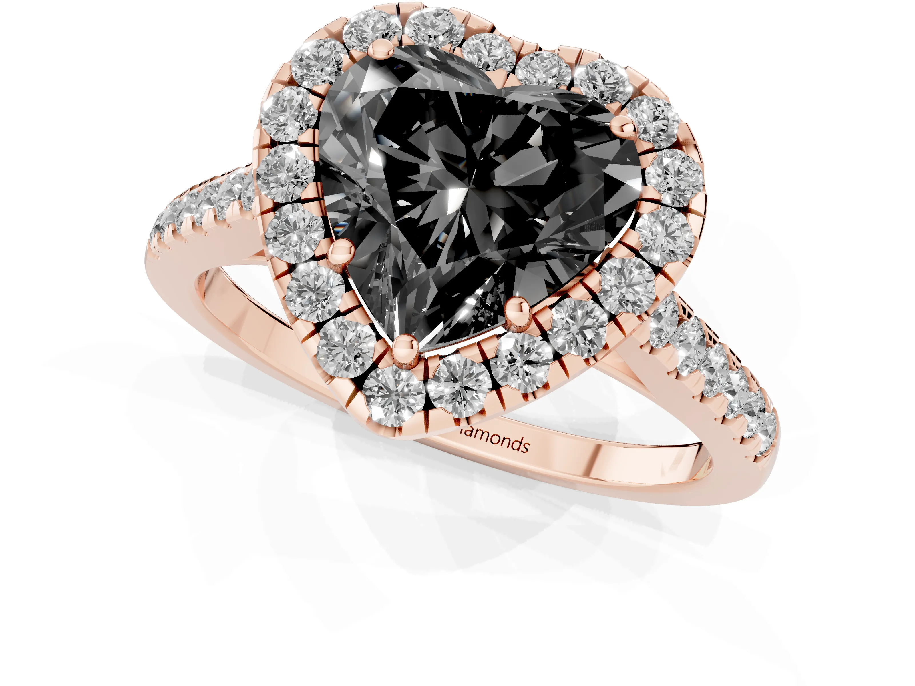Fancy Black Heart Cut Diamond Halo Pavé Engagement Ring Set in Rose gold with Prong Setting