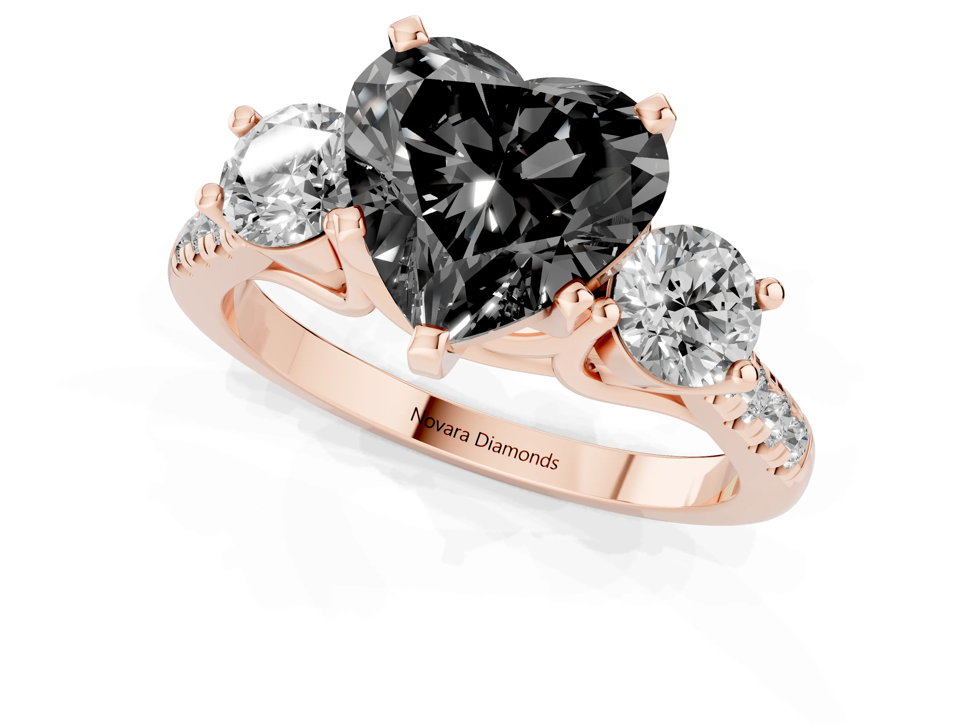 Fancy Black Three-Stone Heart Cut Diamond Pavé Band Ring Set in Rose gold with Prong-Set Trio