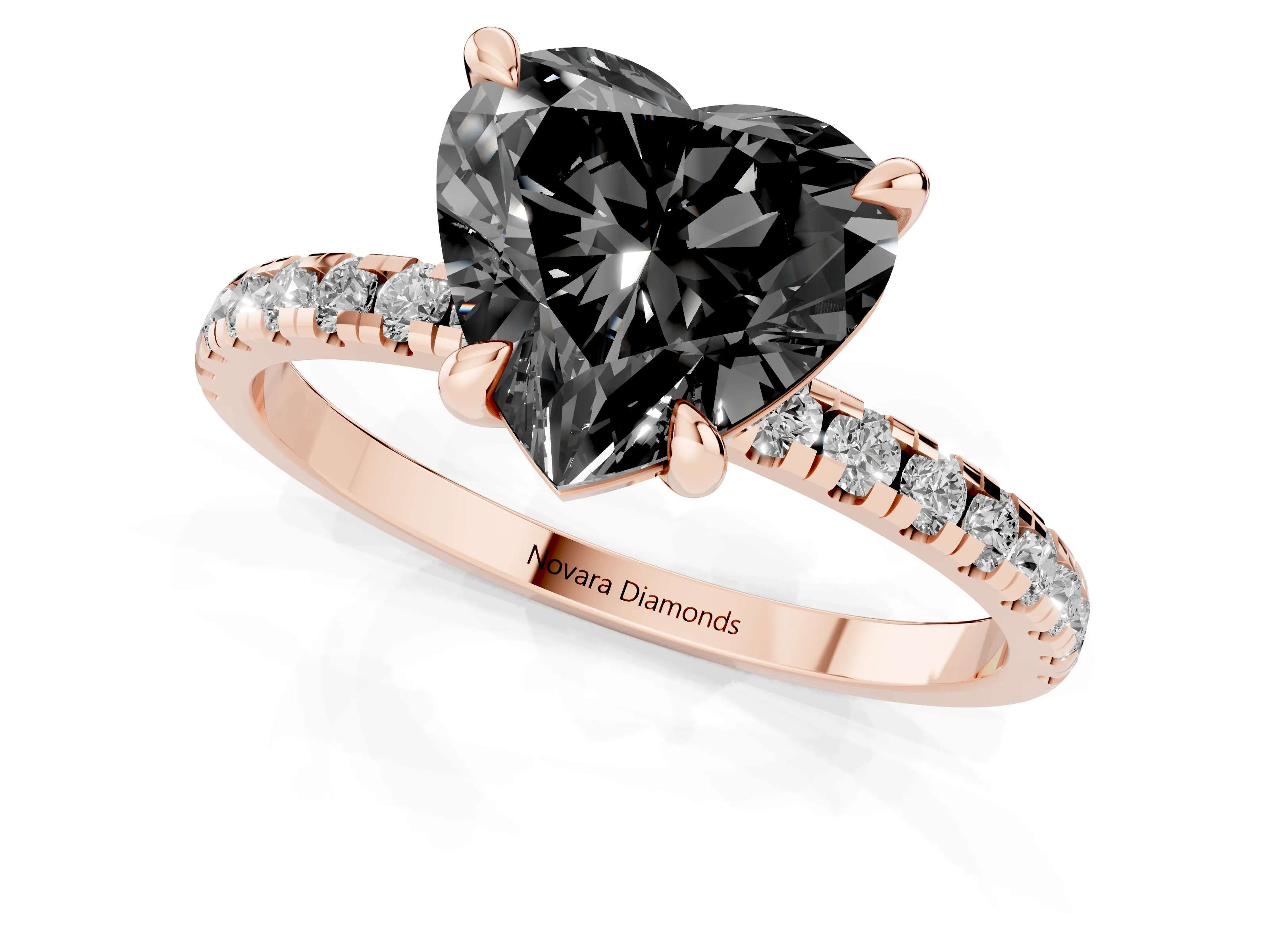 Fancy Black Heart Cut Diamond Brilliant Solitaire Ring Set in Rose gold with Pavé Band and Prong Setting
