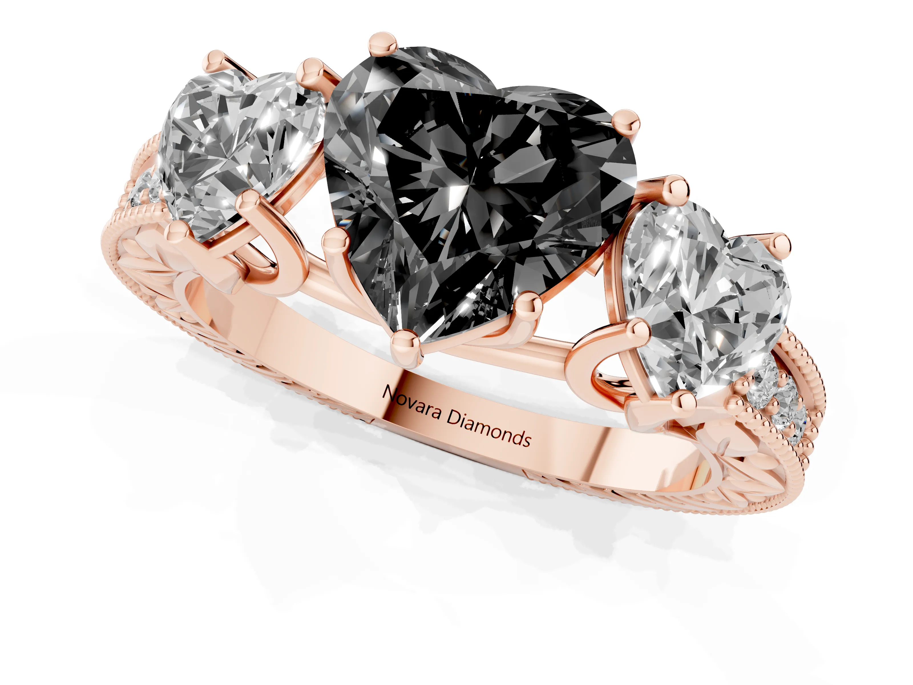 Fancy Black Heart Cut Diamond Three-Stone Engagement Ring Set in Rose gold with Milgrain Pavé Band