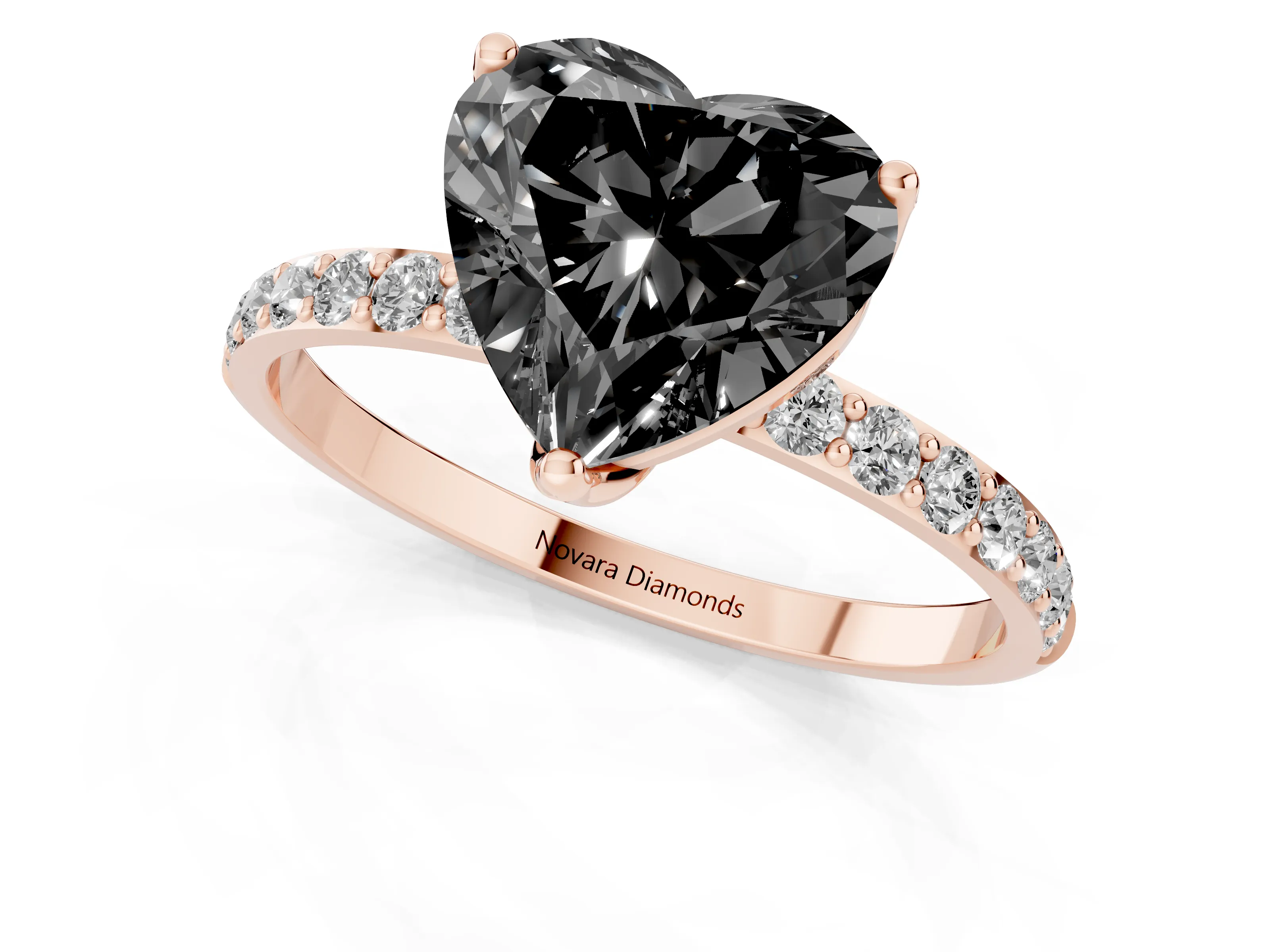 Fancy Black Heart Cut Diamond Solitaire Engagement Ring Set in Rose gold with Round Pavé Band and Prong Setting