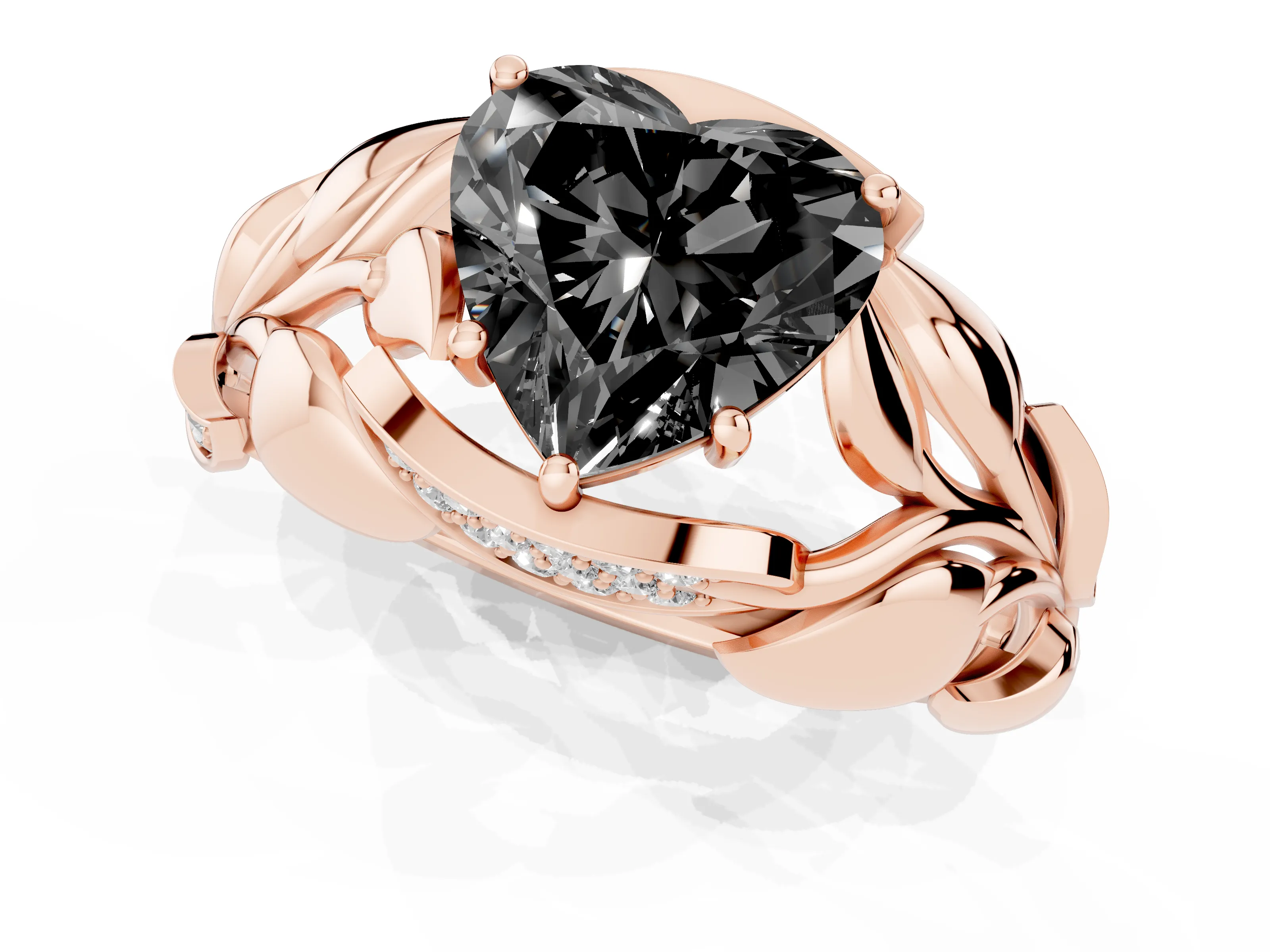 Fancy Black Heart Cut Diamond Leaf-Inspired Engagement Ring Set in Rose gold with Round Accents