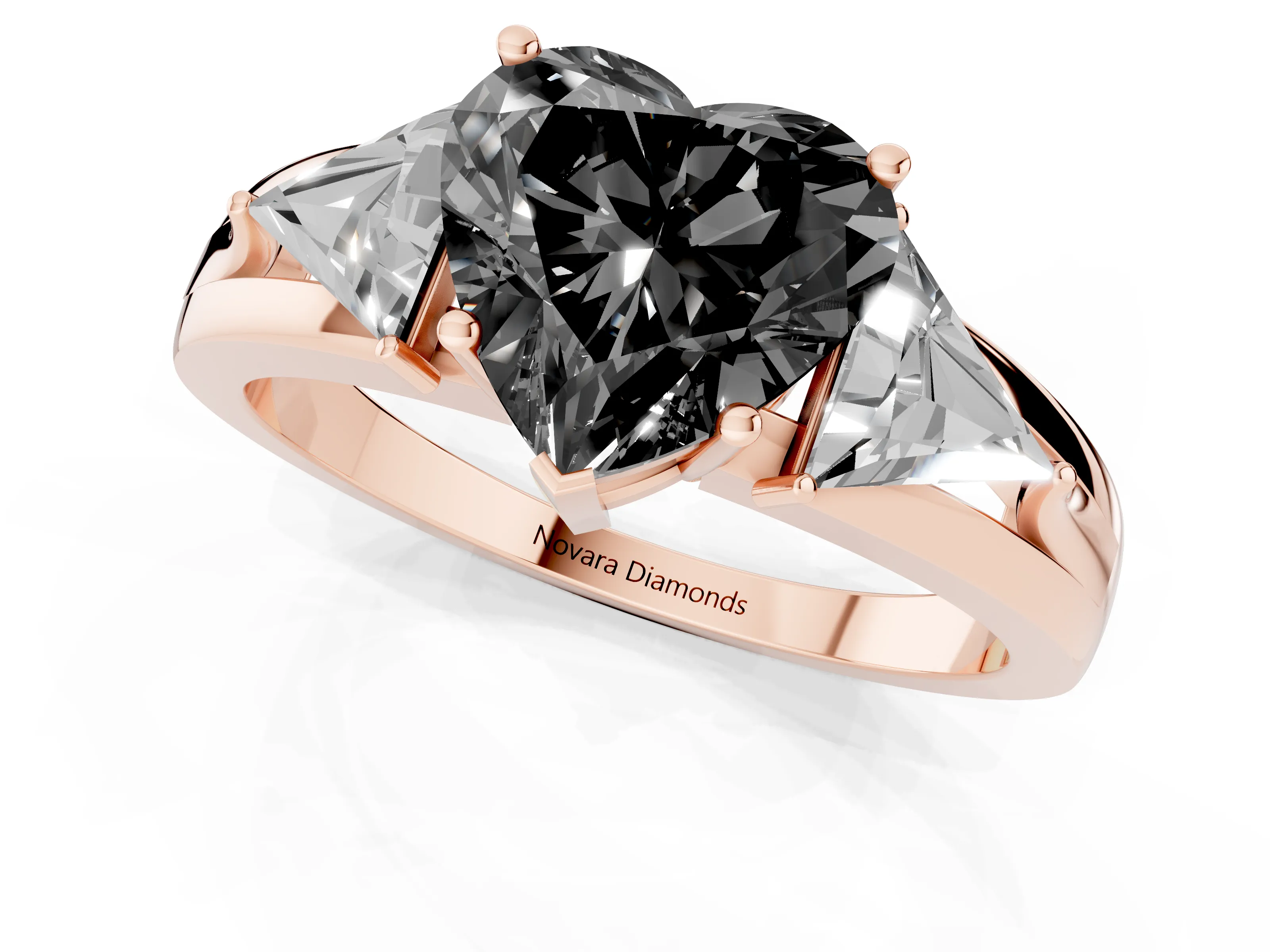 Fancy Black Heart Cut Diamond Three-Stone Ring Set in Rose gold with Trillion Side Stones and Split Shank
