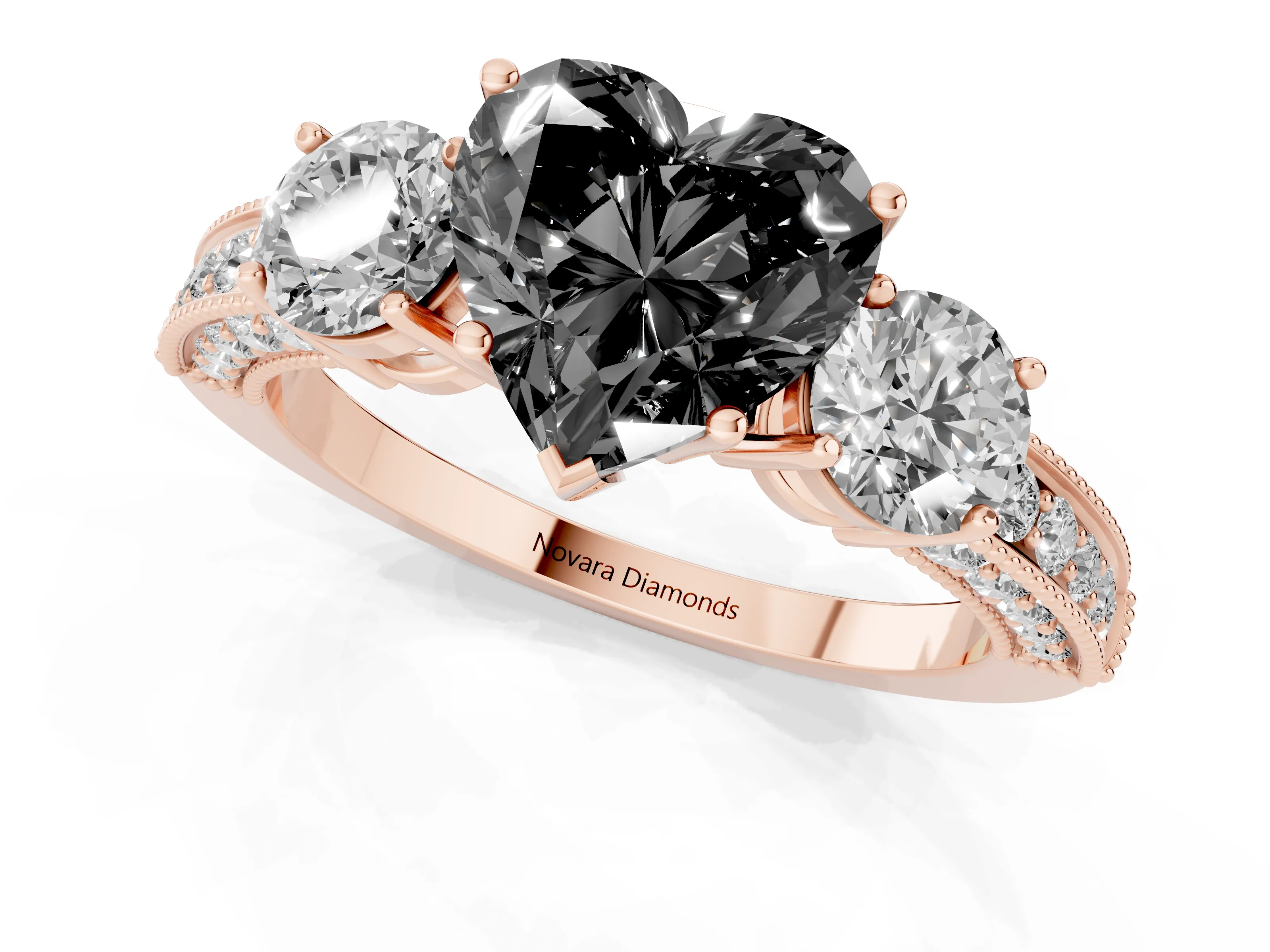 Fancy Black Heart Cut Diamond Three-Stone Ring Set in Rose gold with Round Side Stones and Pavé Band