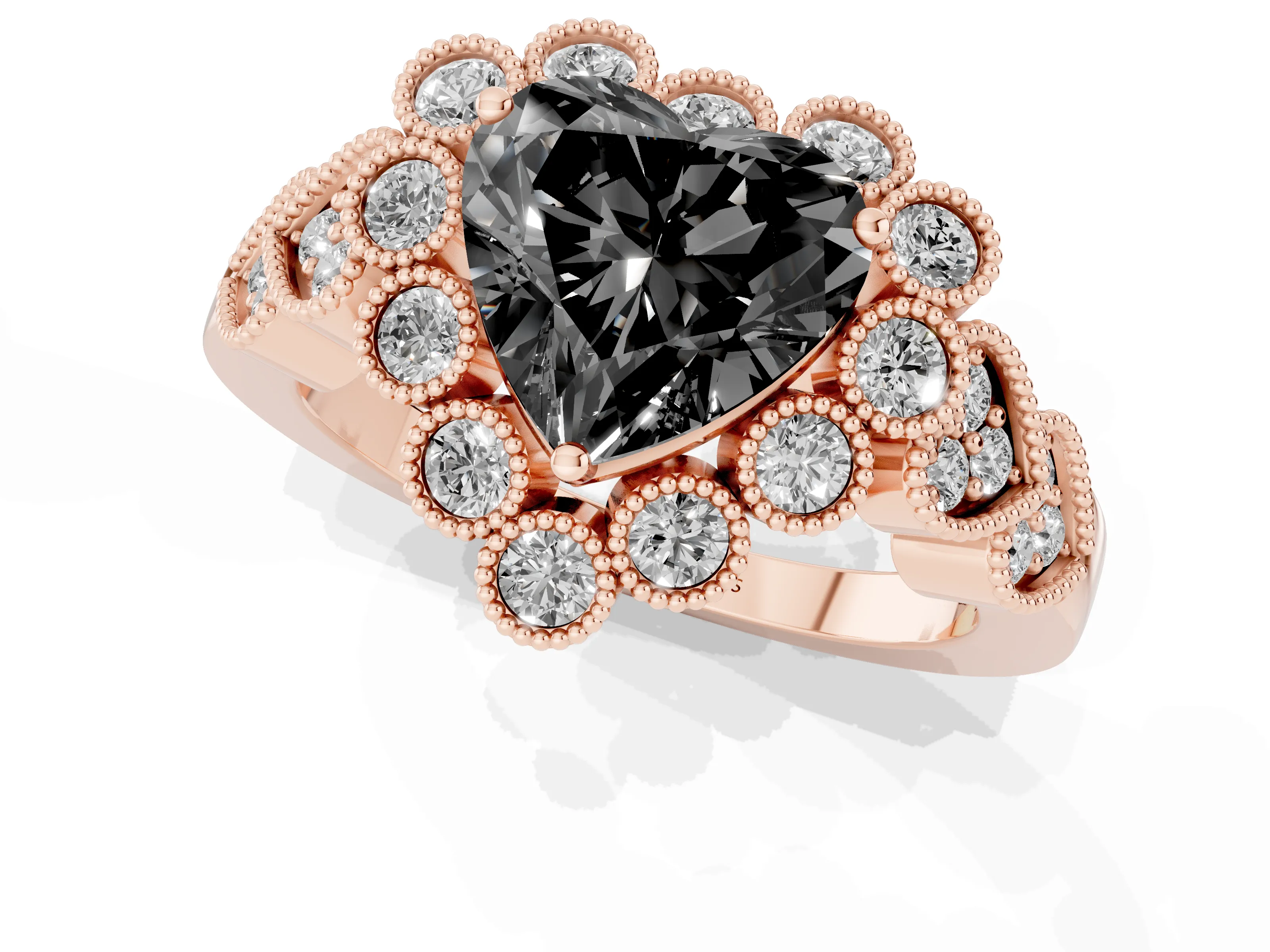 Fancy Black Heart Cut Diamond Solitaire Ring Set in Rose gold with Milgrain Pavé Heart Band