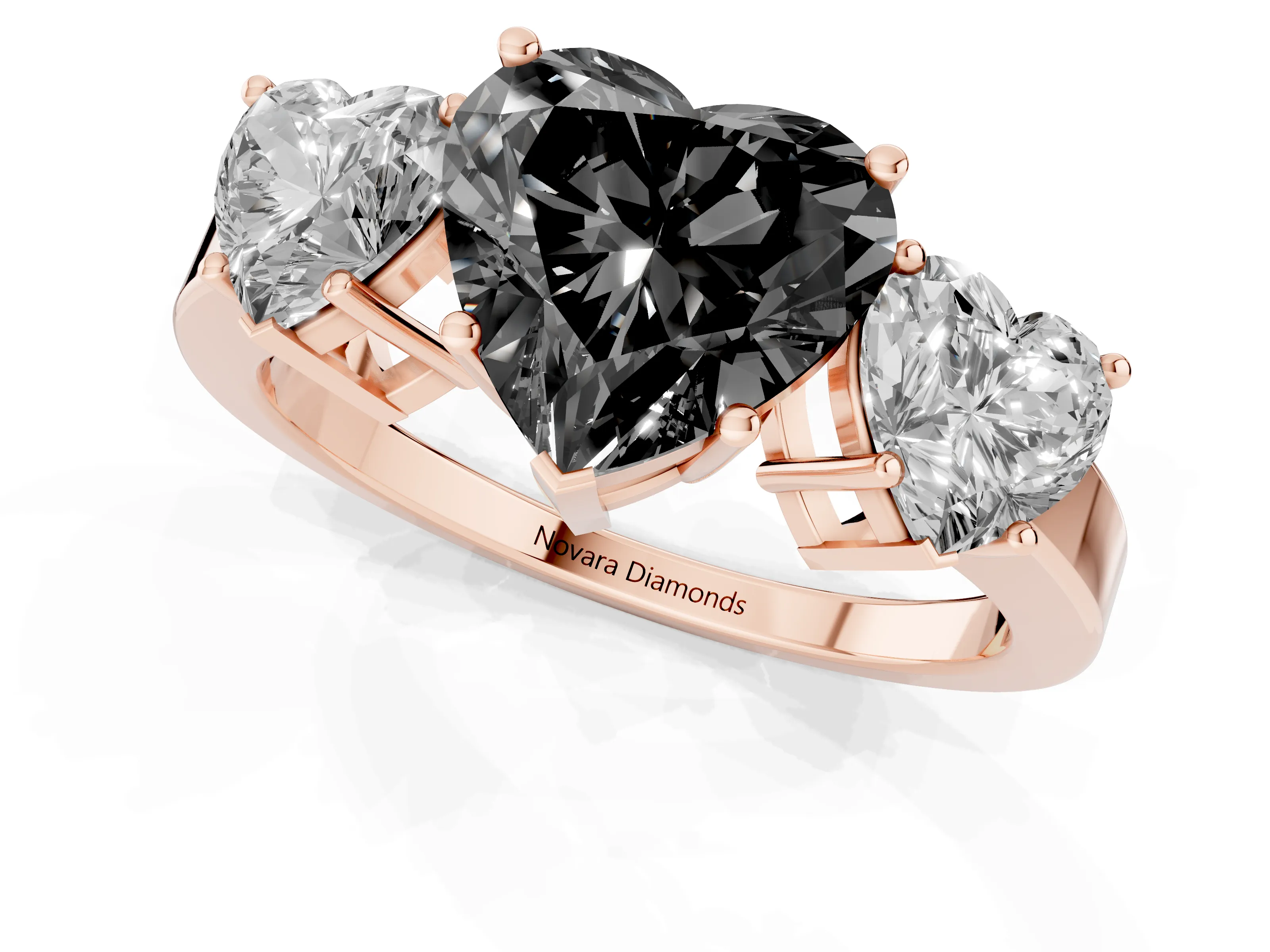 Fancy Black Heart Cut Diamond Three-Stone Engagement Ring Set in Rose gold with Flat Band