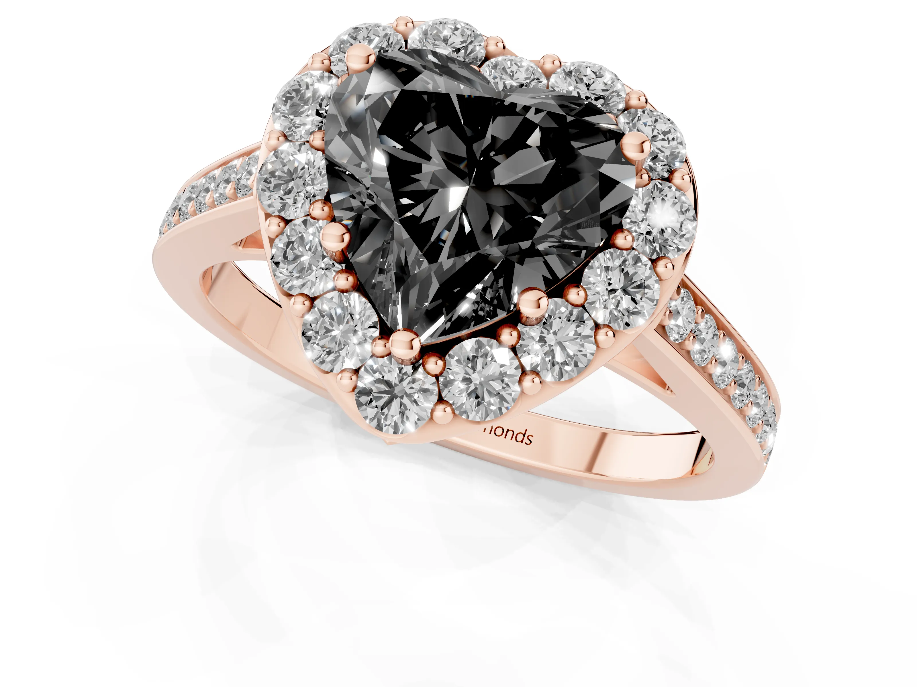 Fancy Black Heart Cut Diamond Floral Halo Ring Set in Rose gold with Pavé Band and Prong Setting