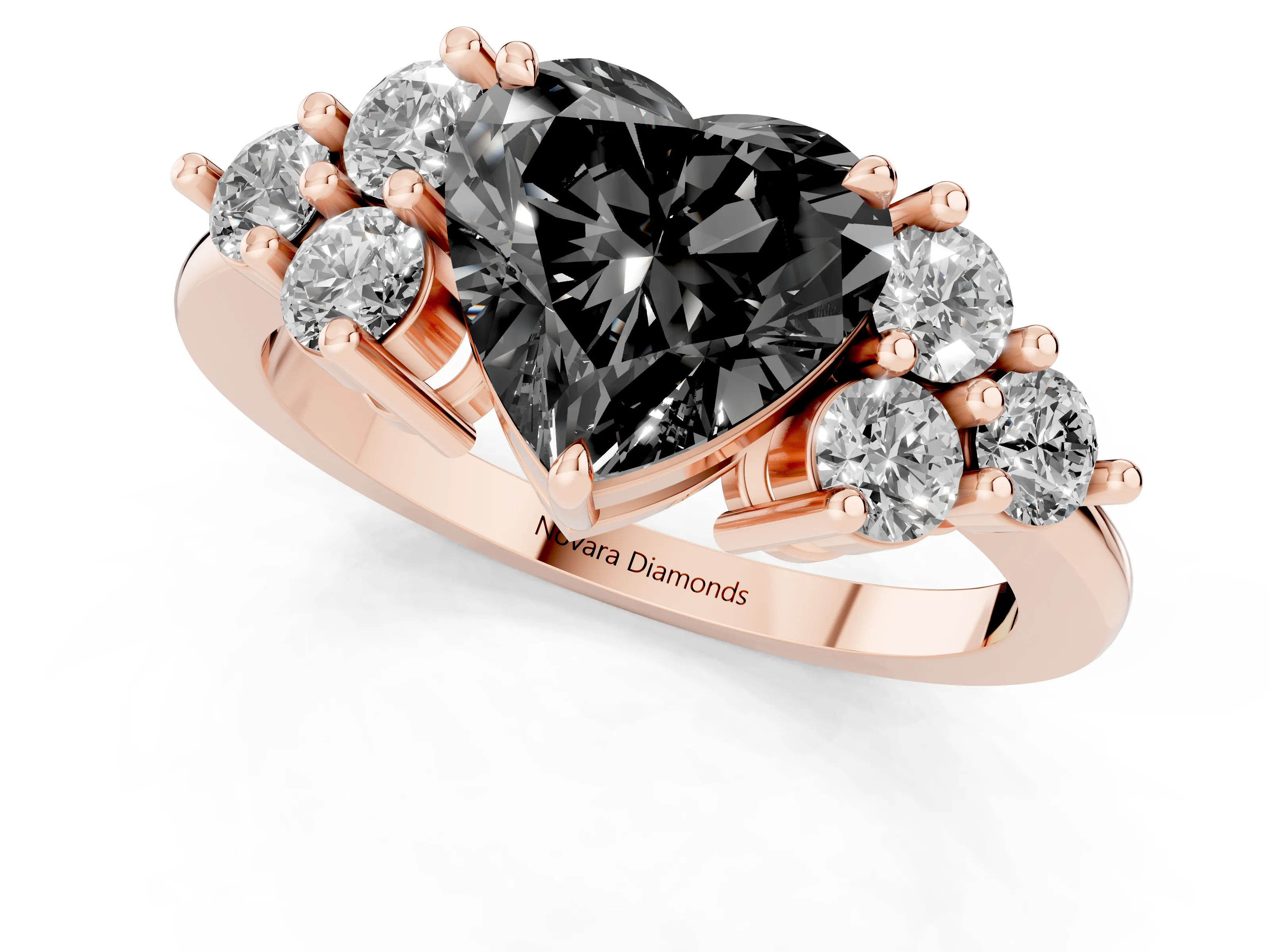 Fancy Black Heart Cut Diamond Solitaire Ring Set in Rose gold with Cluster Accents on Each Side