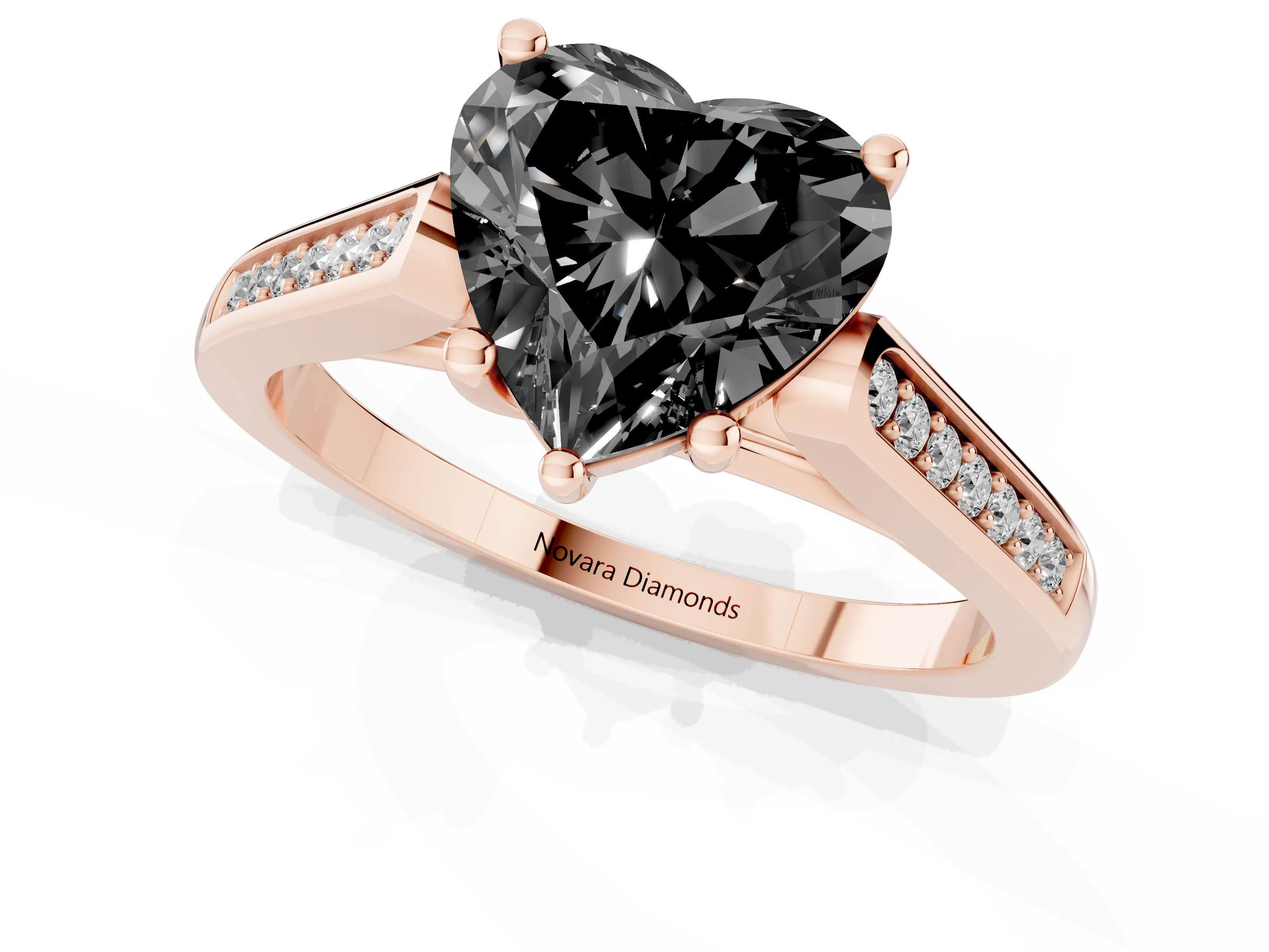 Fancy Black Heart Cut Diamond Solitaire Cathedral Engagement Ring Set in Rose gold with Channel-Set Band and Prong Setting