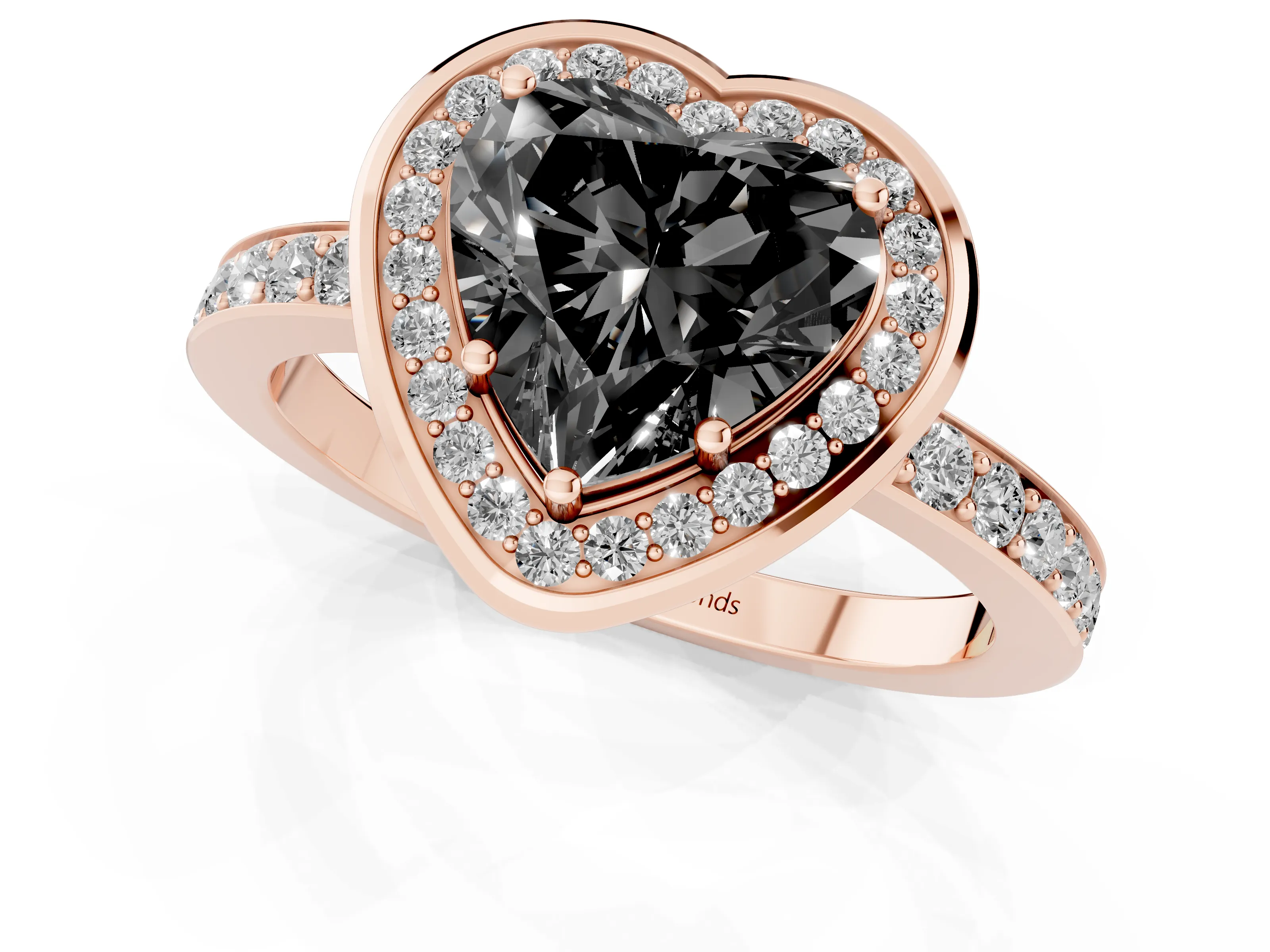 Fancy Black Heart Cut Diamond Halo Ring Set in Rose gold with Bezel Frame and Pavé Band