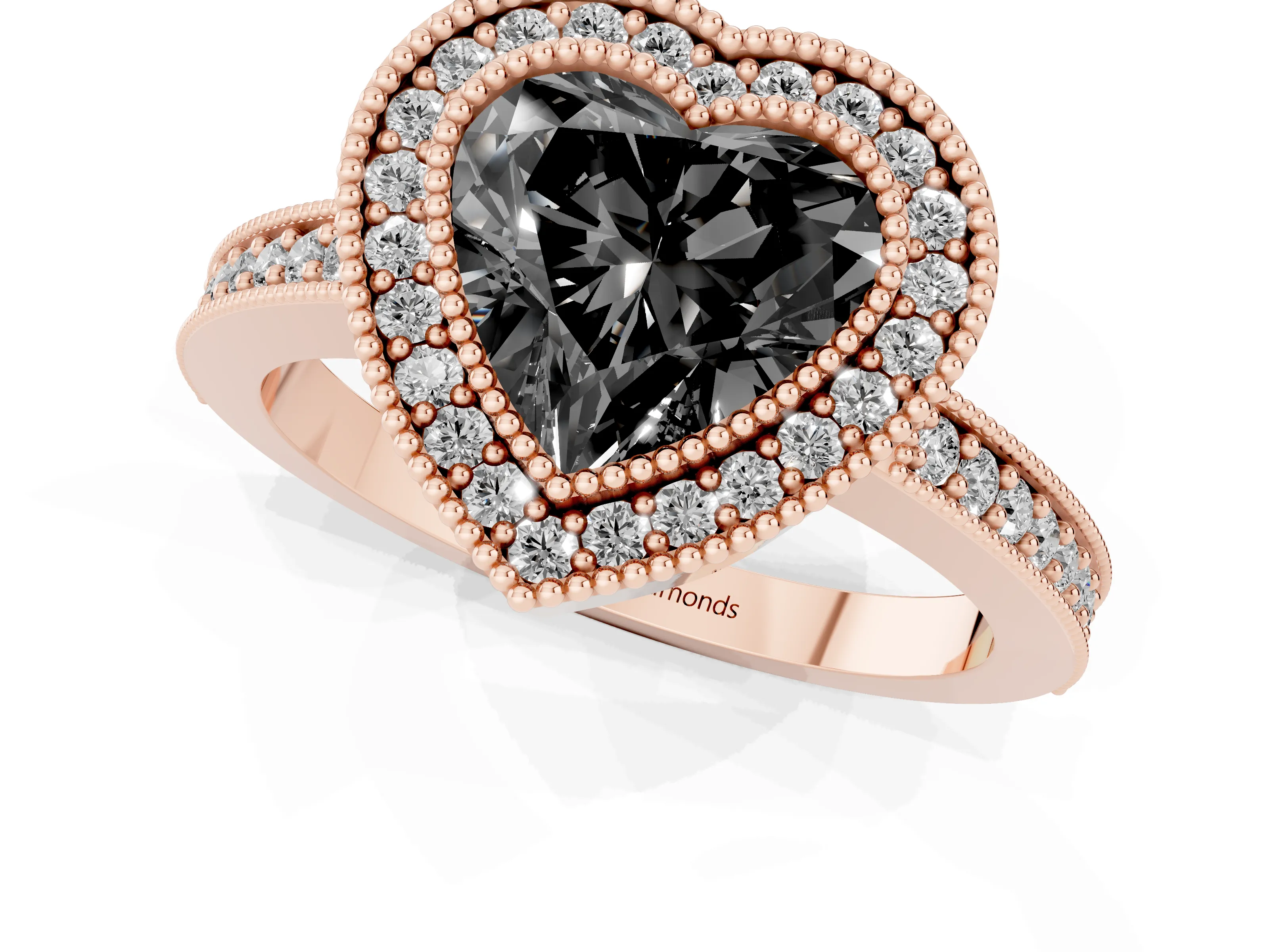 Fancy Black Heart Cut Diamond Halo Engagement Ring Set in Rose gold with Pavé Band and Round Halo Stones