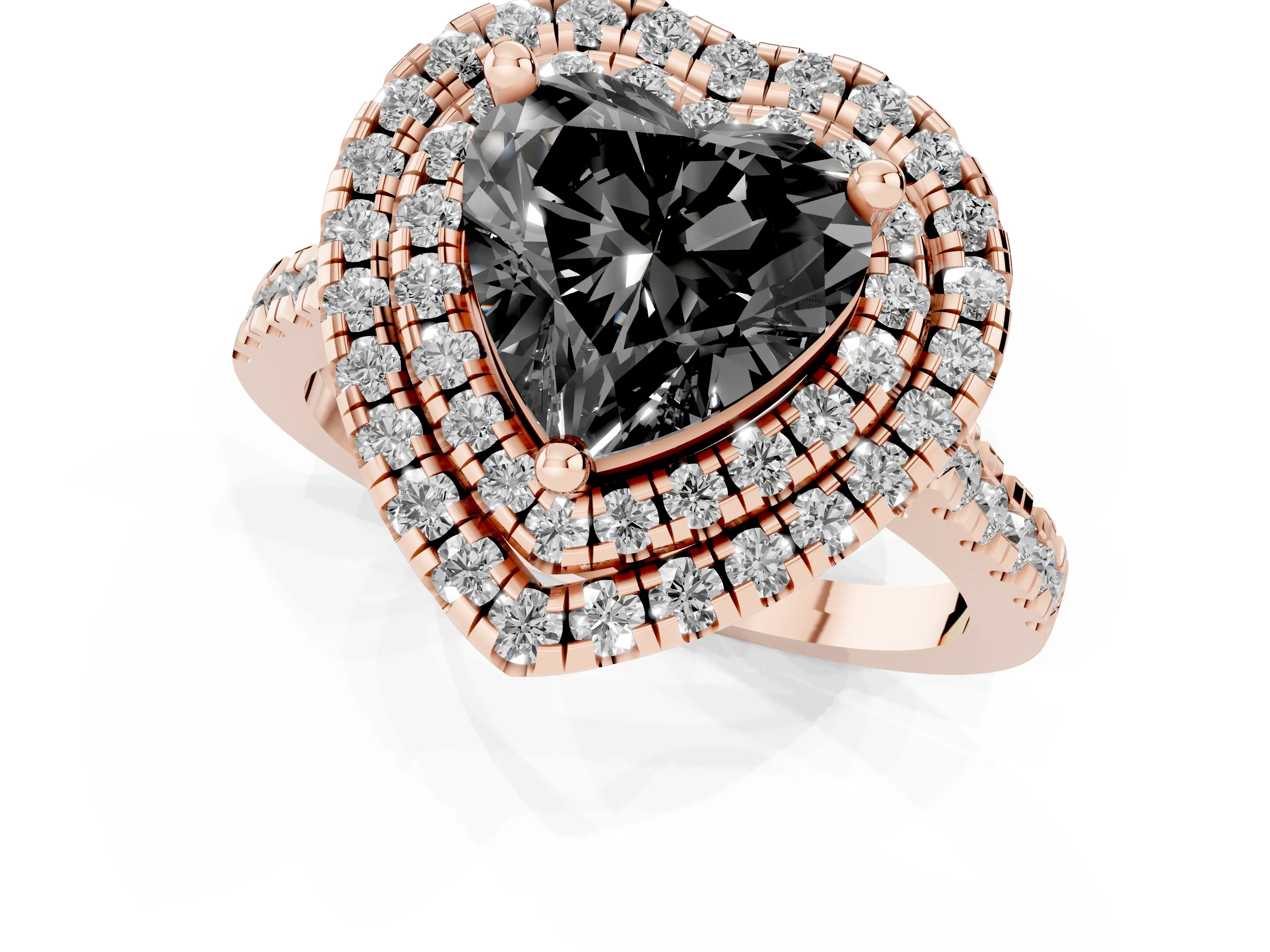 Fancy Black Heart Cut Diamond Double Halo Statement Ring Set in Rose gold with Pavé Band