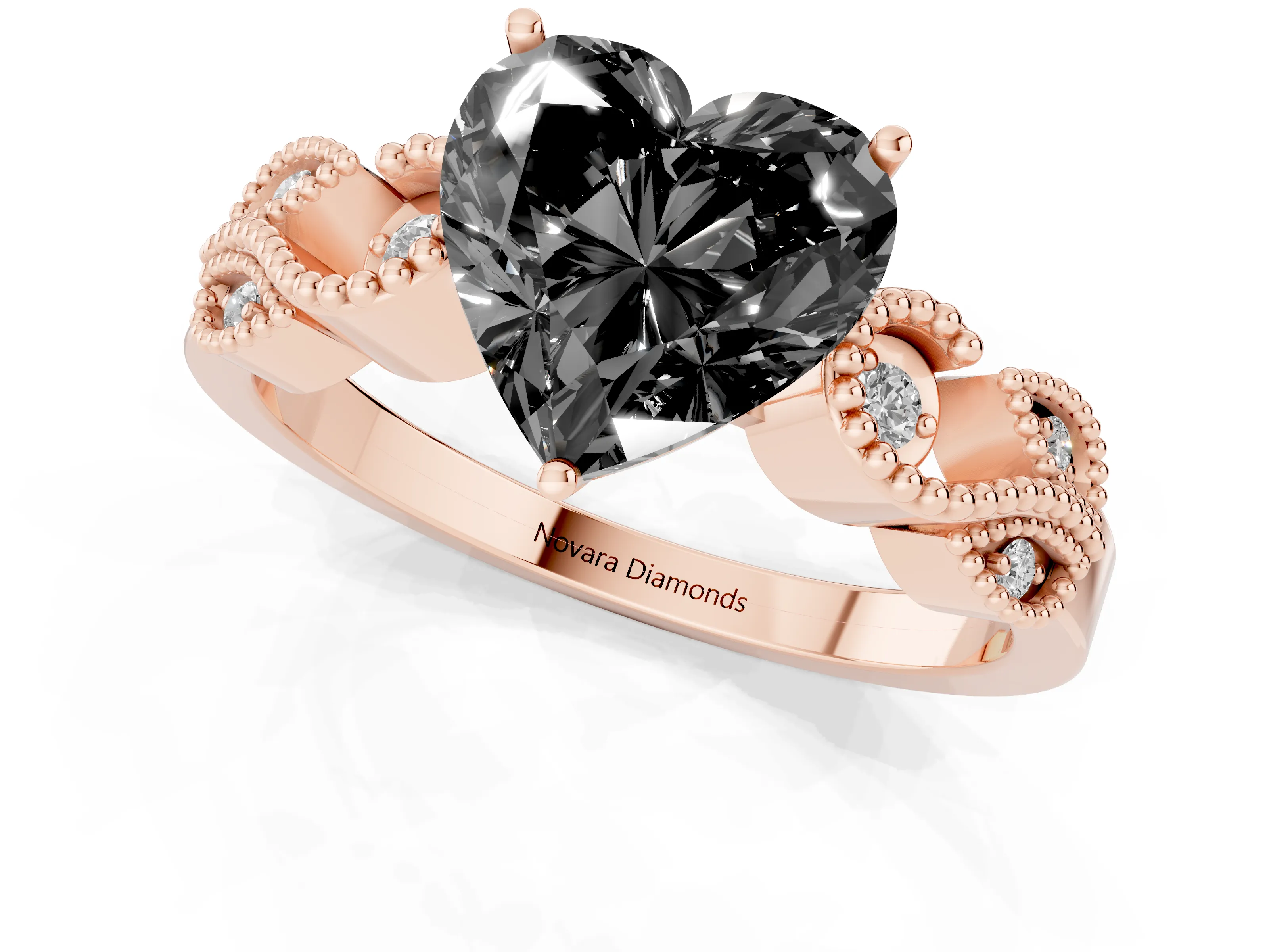 Fancy Black Heart Cut Diamond Milgrain Leaf Band Solitaire Ring Set in Rose gold with Accent Stones and Prong Setting