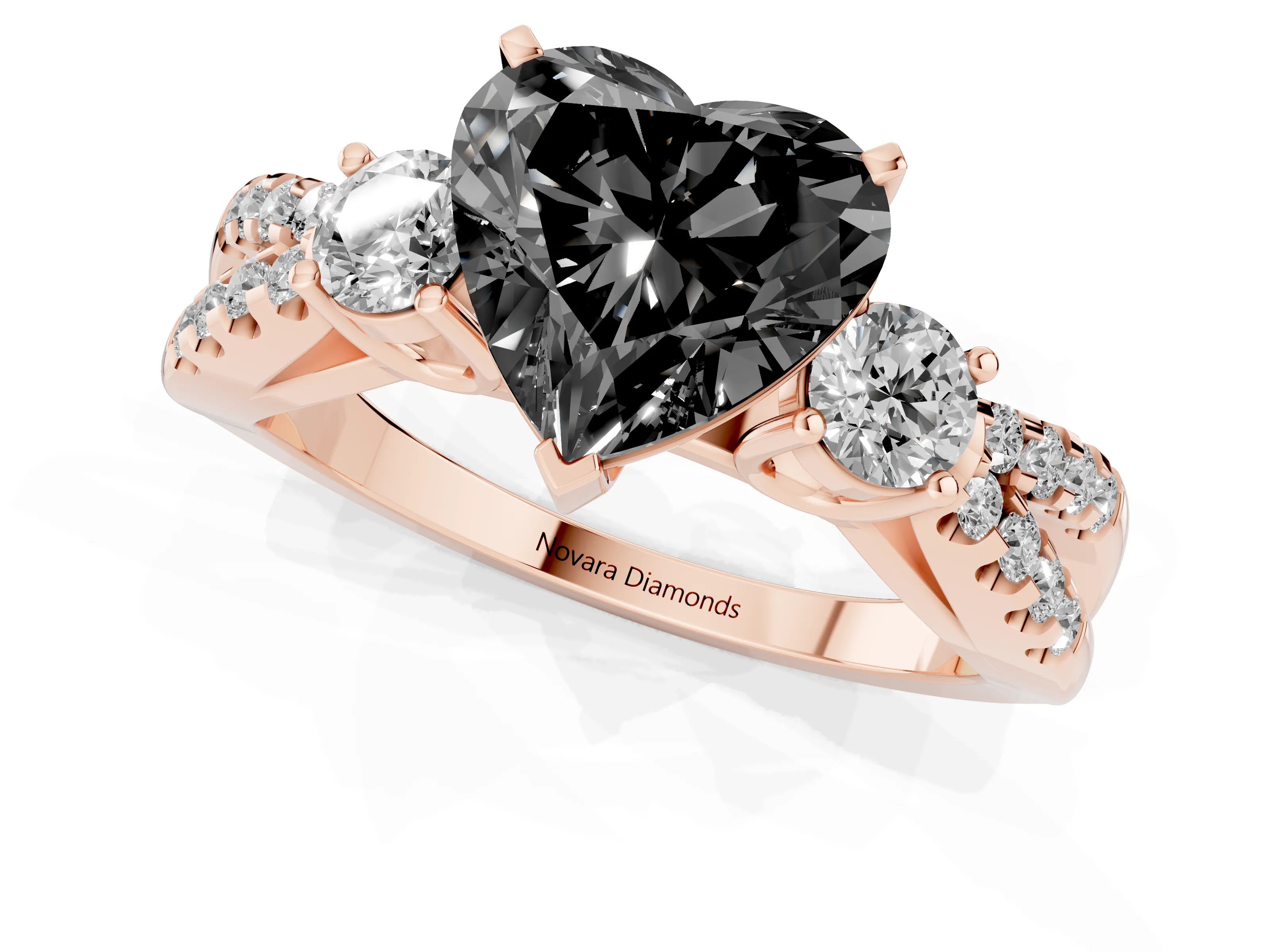 Fancy Black Heart Cut Diamond Three-Stone Ring Set in Rose gold with Pavé Split Shank and Prong Setting