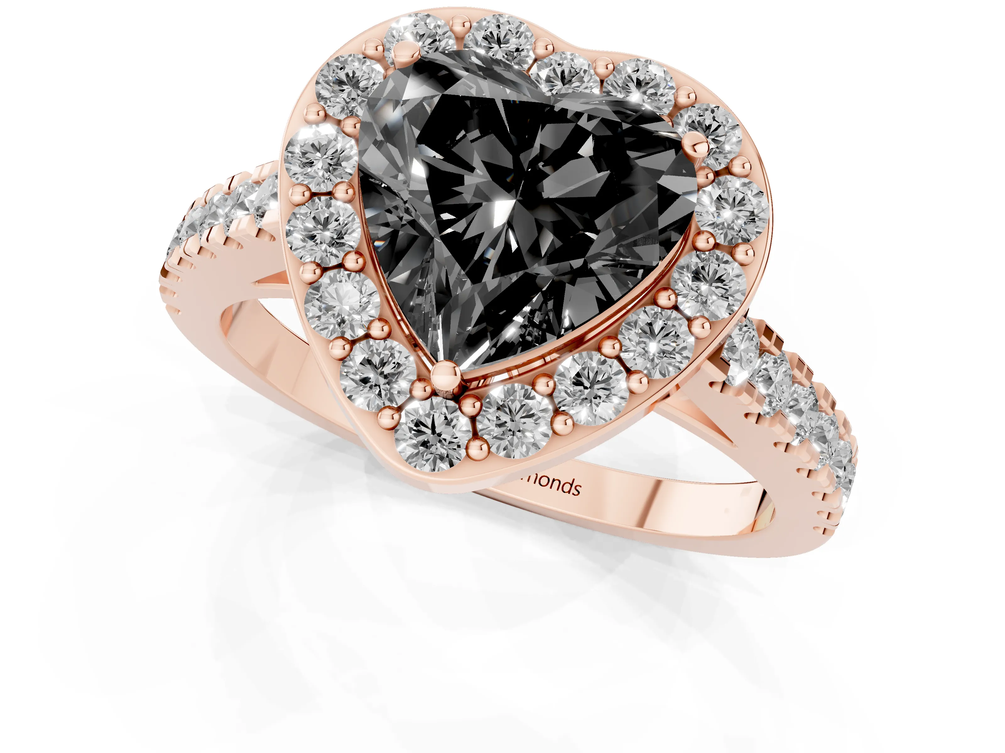 Fancy Black Heart Cut Diamond Halo Ring Set in Rose gold with Round Pavé Split Shank and Prong Setting