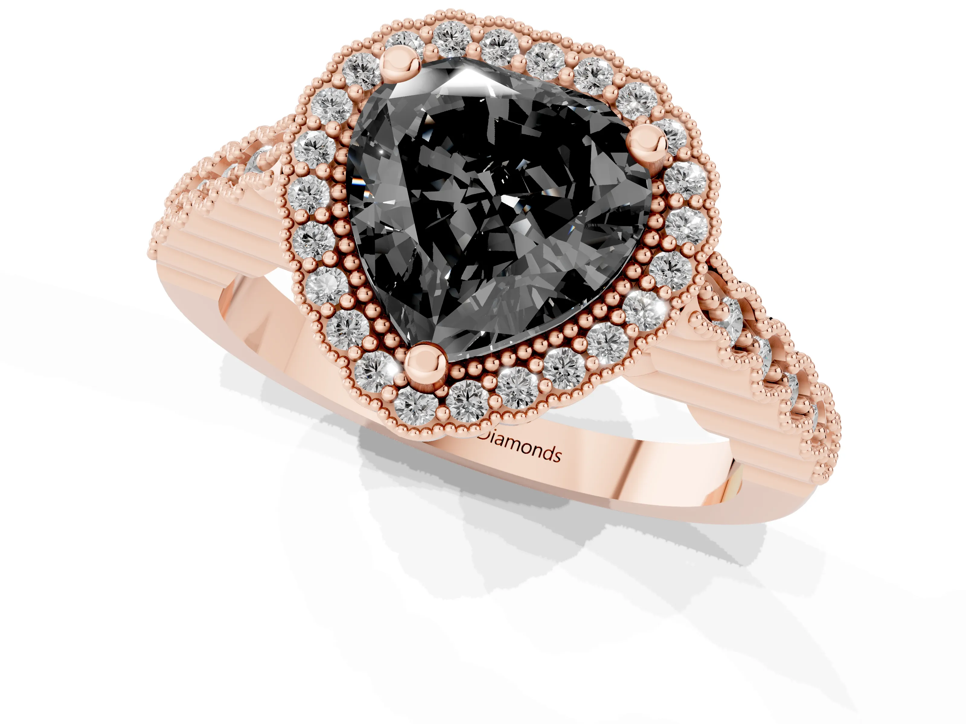 Fancy Black Heart Cut Diamond Halo Ring Set in Rose gold with Pavé Milgrain Band
