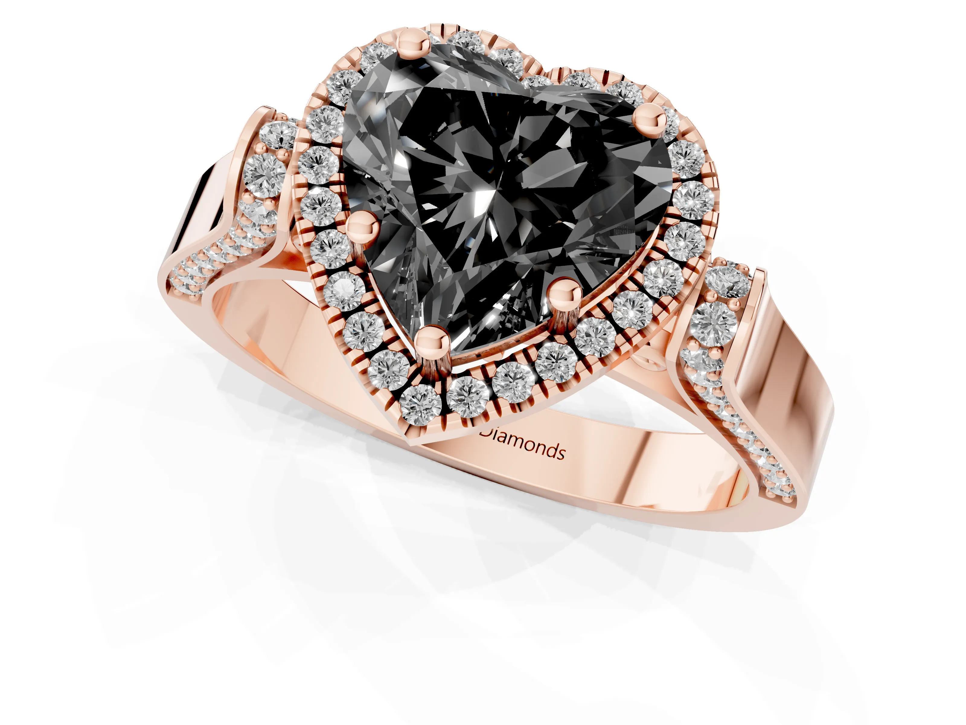 Fancy Black Heart Cut Diamond Halo Ring Set in Rose gold with Twist Band and Pavé Accents