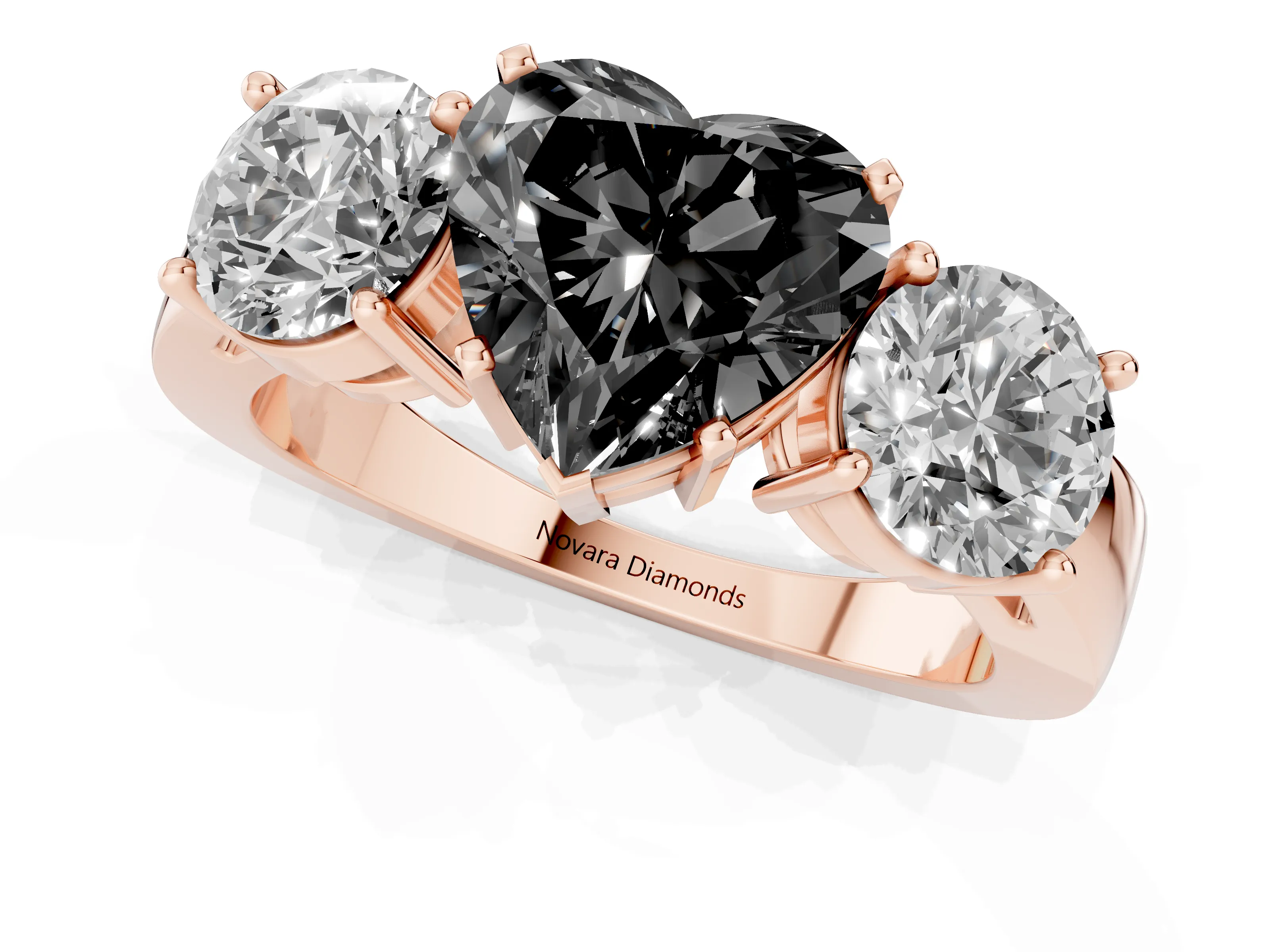 Fancy Black Heart Cut Diamond Three-Stone Ring Set in Rose gold with Round Side Stones and Classic Band