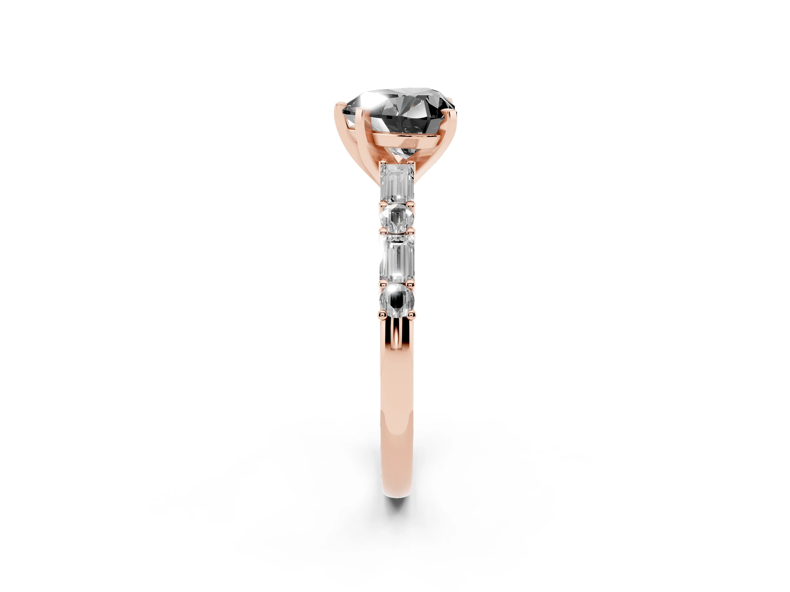 Fancy Black Heart Cut Diamond Solitaire Set in Rose gold with Side Baguettes and Channel Set Band
