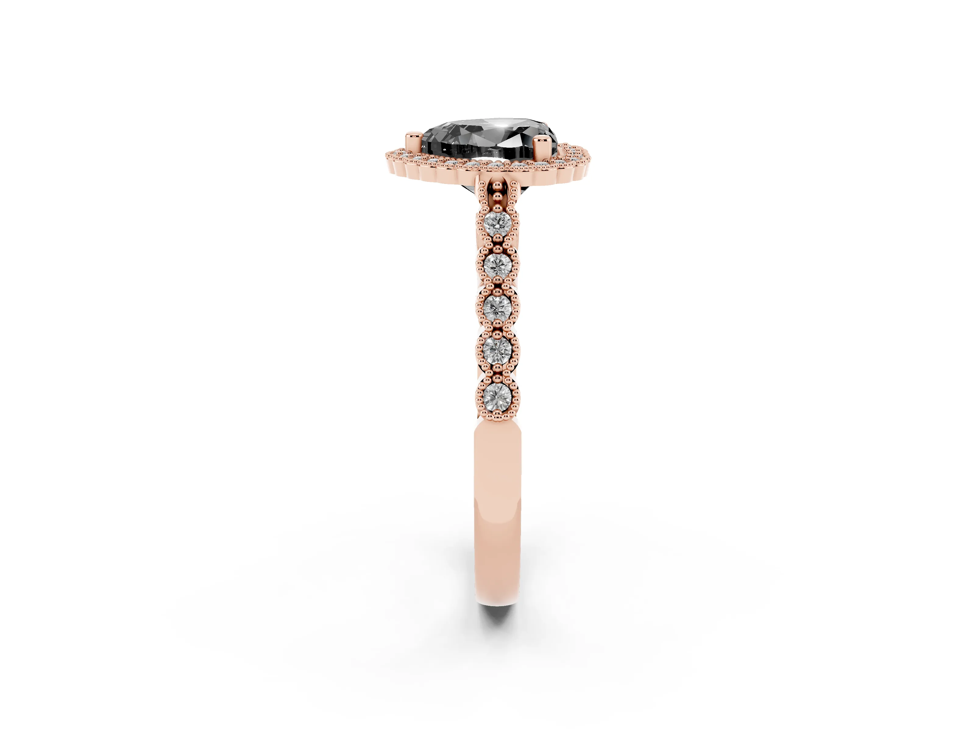 Fancy Black Heart Cut Diamond Halo Ring Set in Rose gold with Pavé Milgrain Band