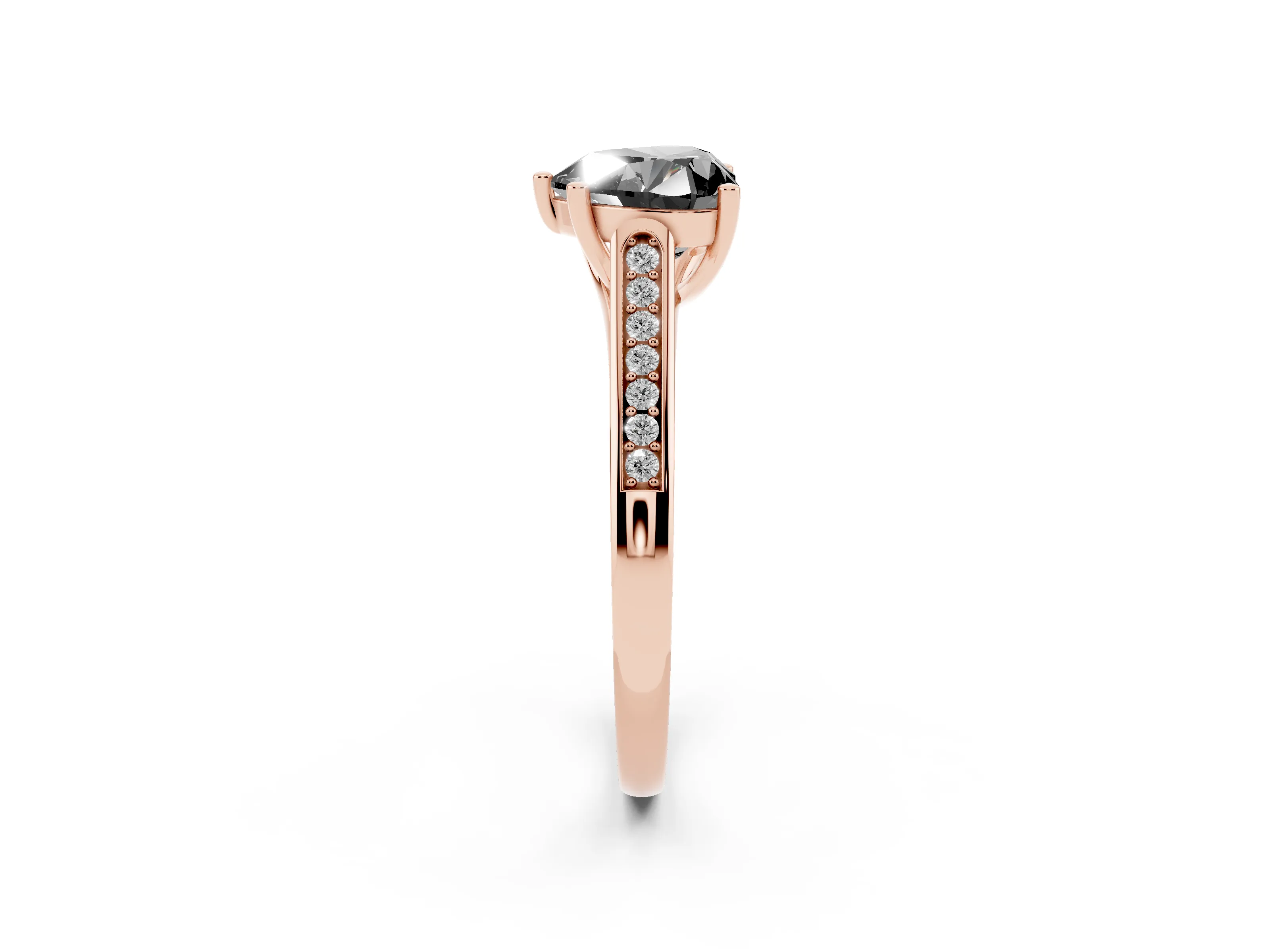 Fancy Black Heart Cut Diamond Solitaire Cathedral Engagement Ring Set in Rose gold with Channel-Set Band and Prong Setting