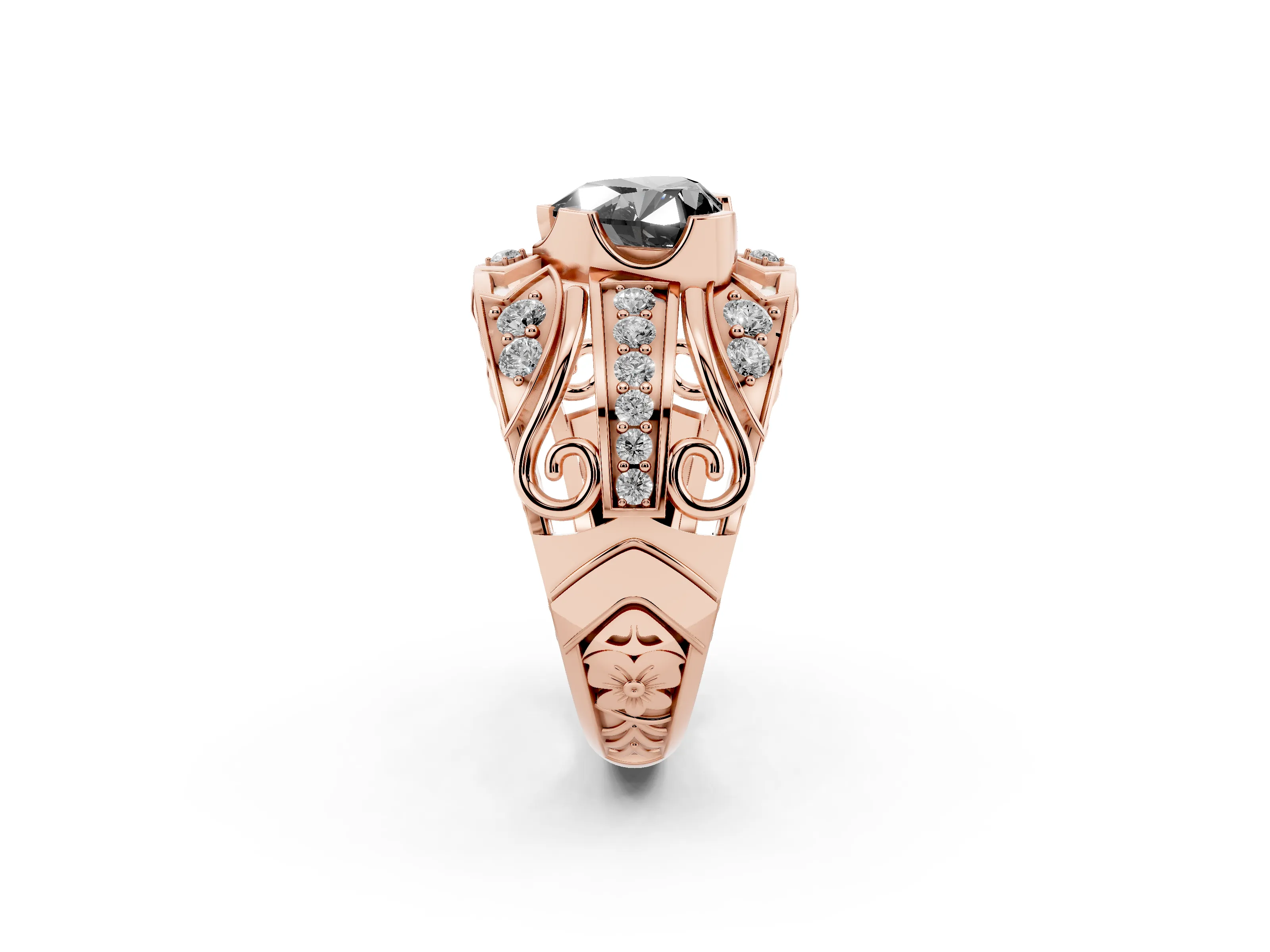 Fancy Black Heart Cut Diamond Art Deco Ring Set in Rose gold with Pavé Split Shank